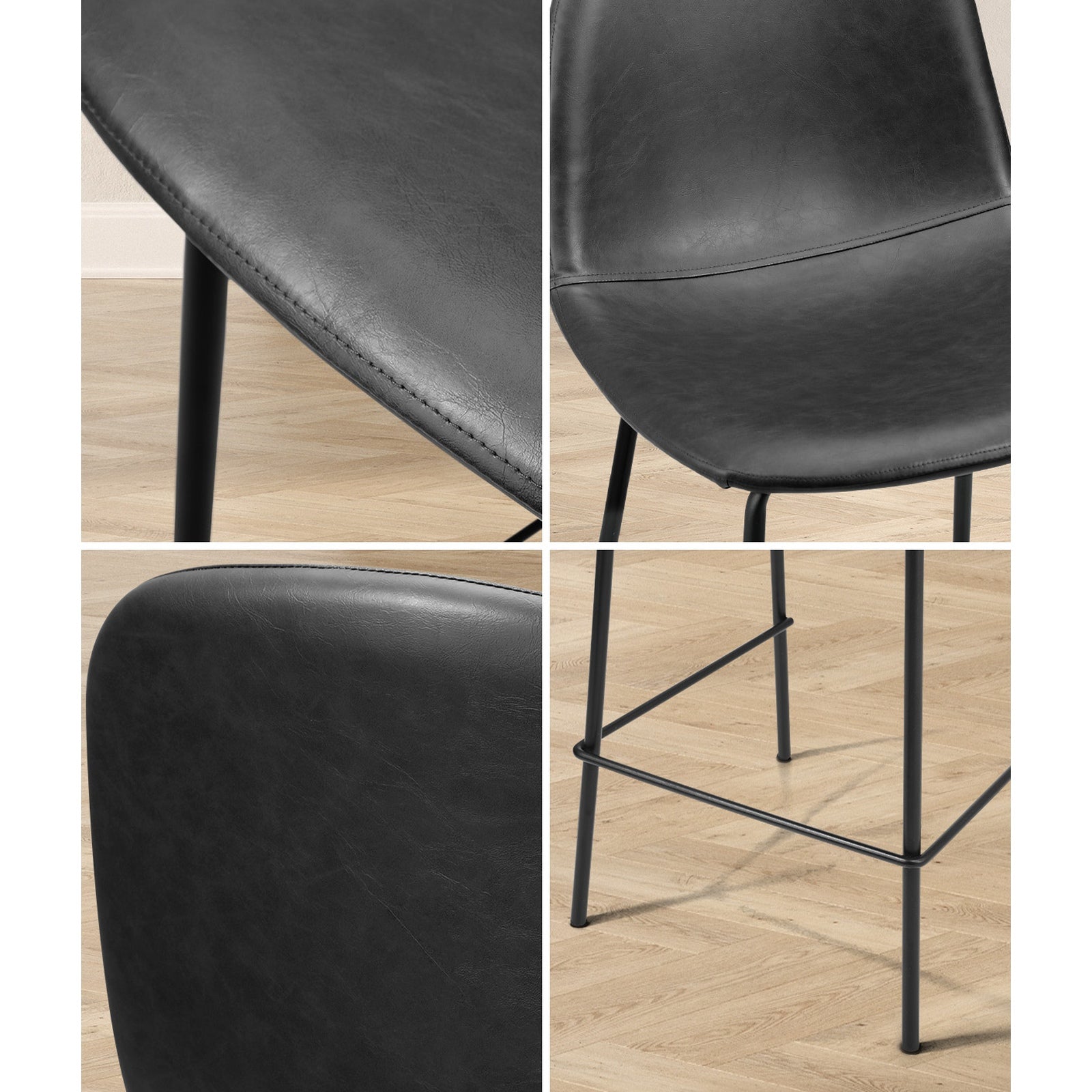 Oikiture 2x Bar Stools Kitchen Dining Chair Counter Stool PU Leather Black - Sunyee