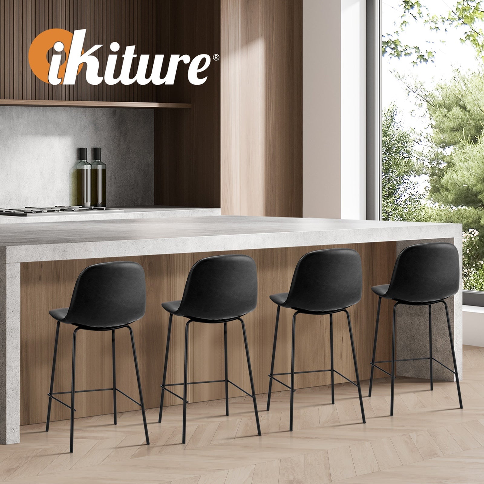 Oikiture 2x Bar Stools Kitchen Dining Chair Counter Stool PU Leather Black - Sunyee