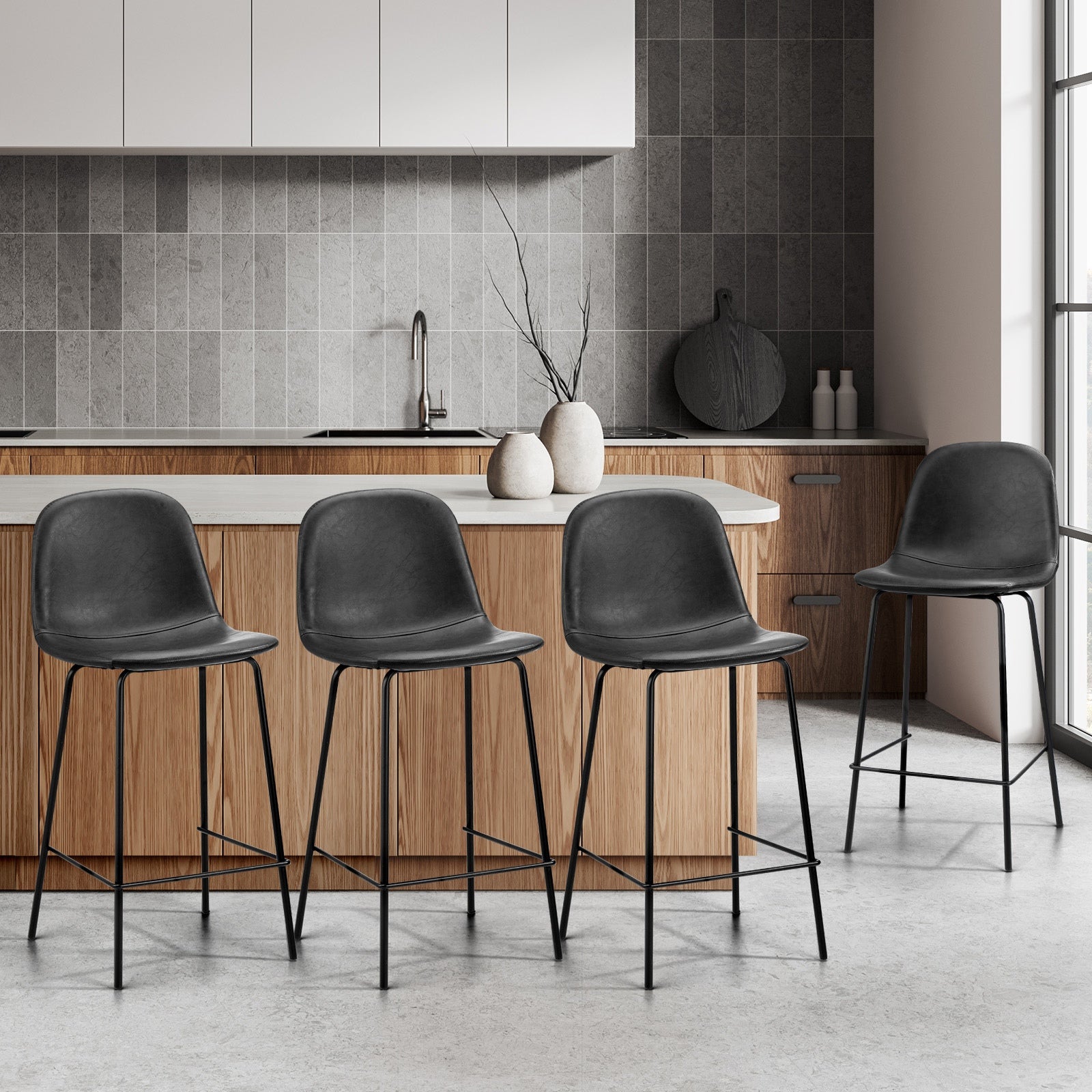 Oikiture 4x Bar Stools Kitchen Dining Chair Counter Stool PU Leather Black - Sunyee