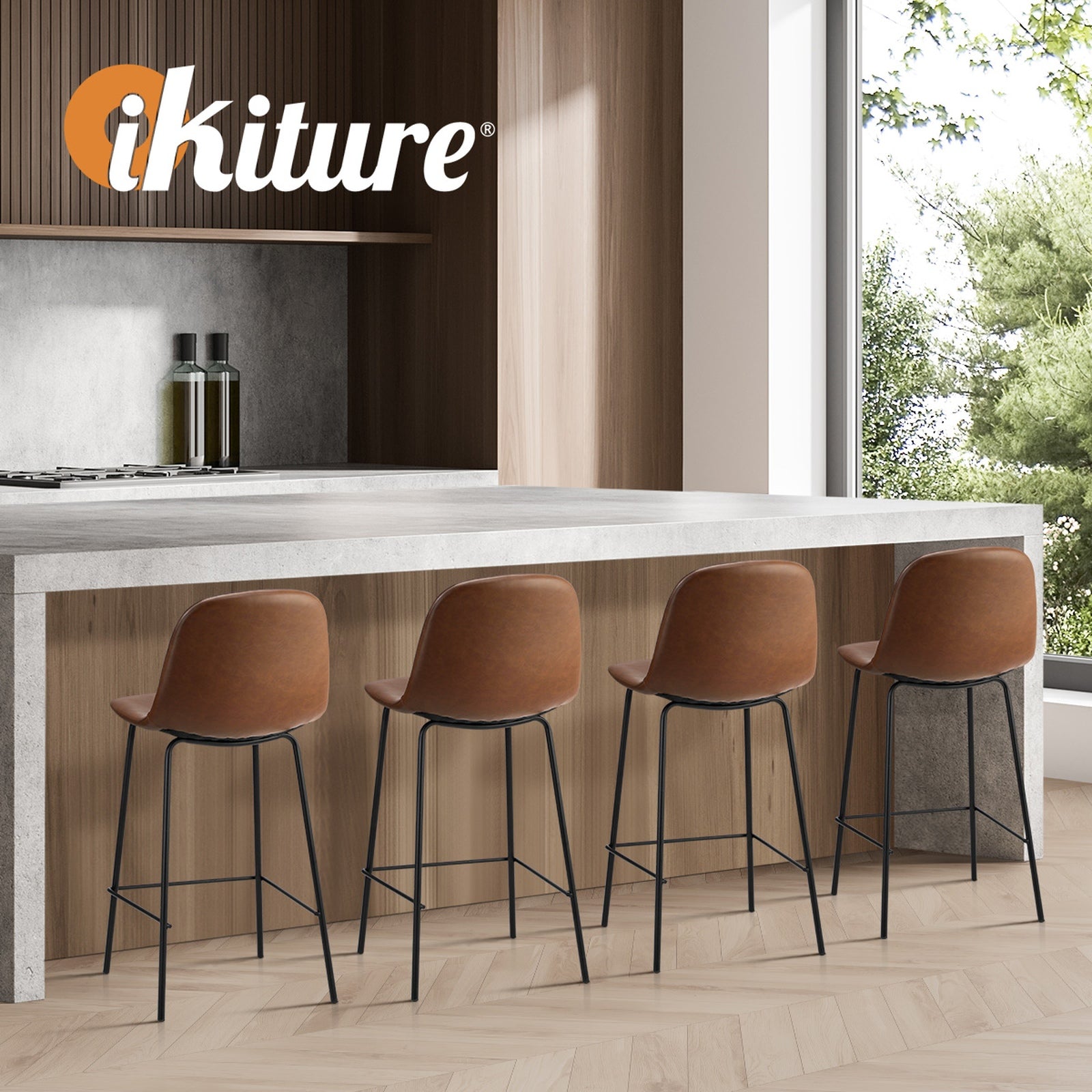 Oikiture 2x Bar Stools Kitchen Dining Chair Counter Stool PU Leather Brown - Sunyee