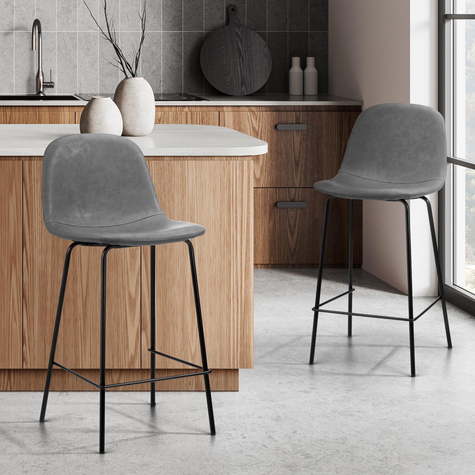 Oikiture 2x Bar Stools Kitchen Dining Chair Counter Stool PU Leather Grey - Sunyee