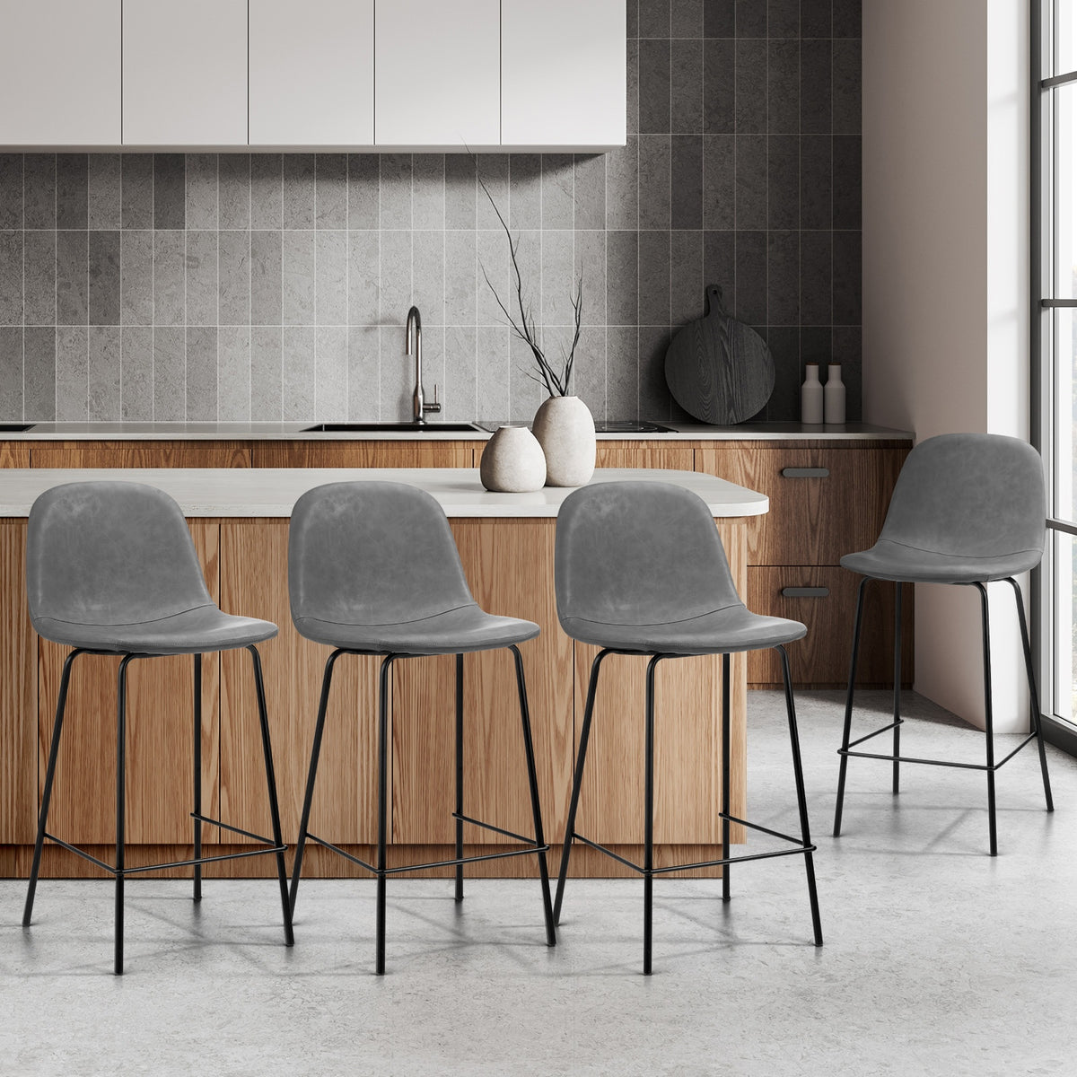 Oikiture 4x Bar Stools Kitchen Dining Chair Counter Stool PU Leather Grey - Sunyee