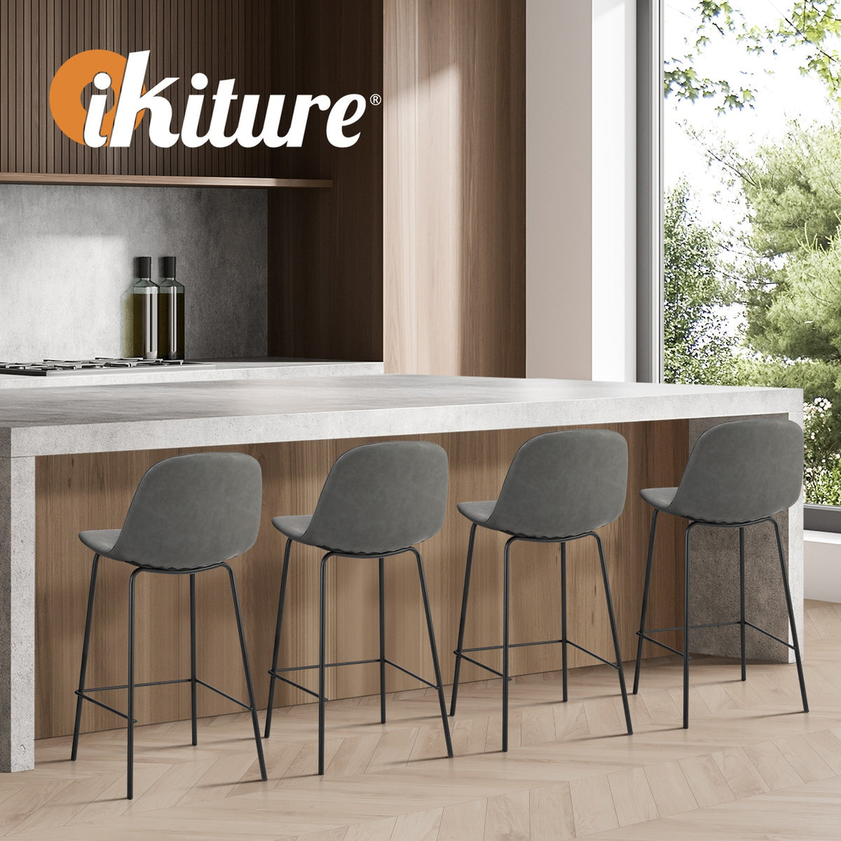 Oikiture 4x Bar Stools Kitchen Dining Chair Counter Stool PU Leather Grey - Sunyee