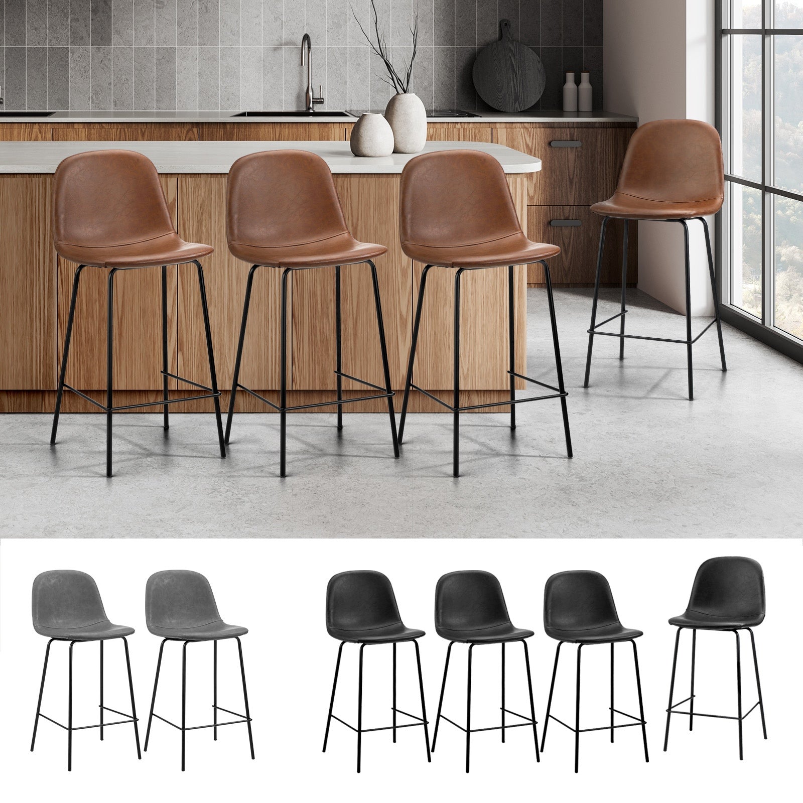 Oikiture Bar Stools Kitchen Dining Chair Counter Stool PU Leather Metal - Sunyee