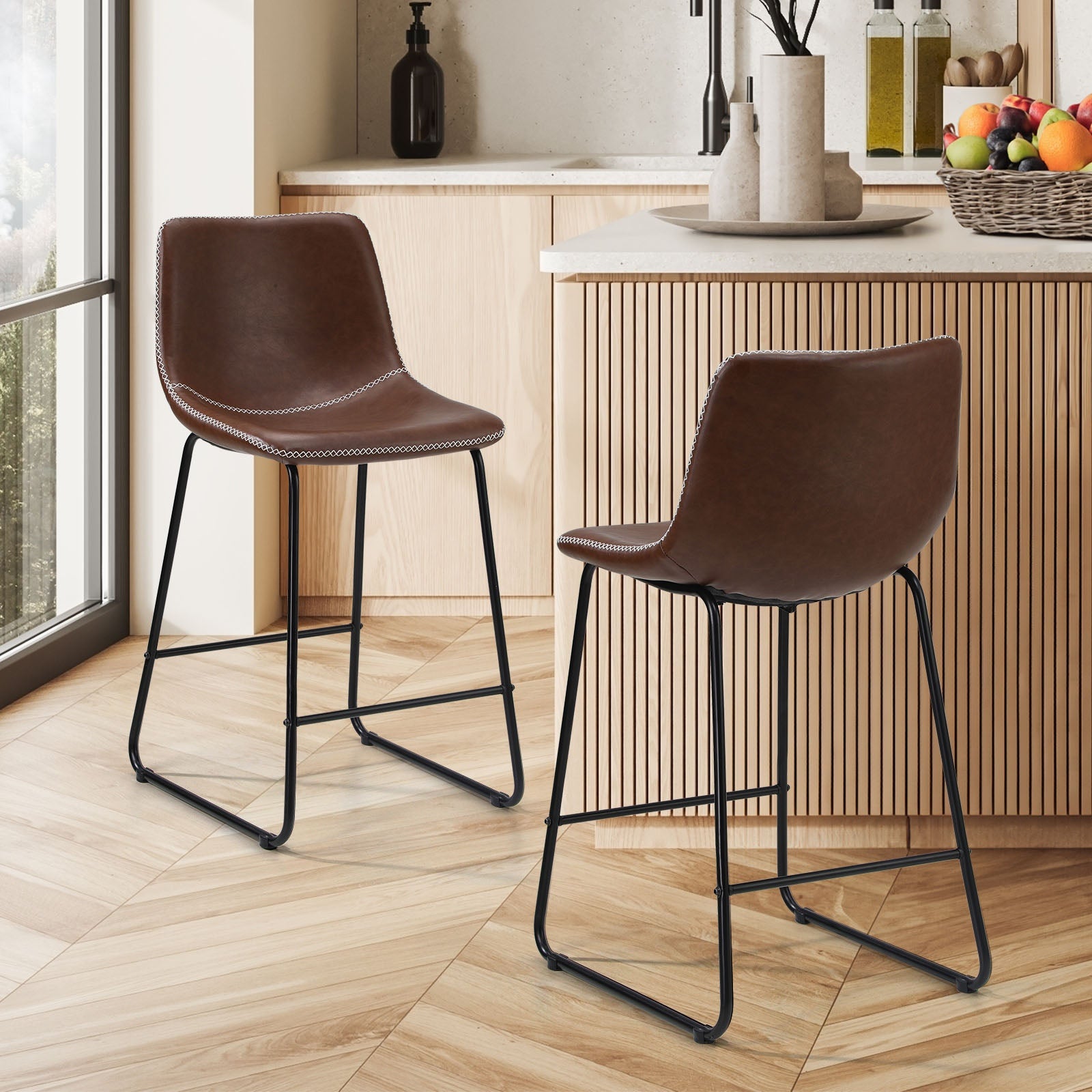 Oikiture 2x Bar Stools Kitchen Dining Chairs Leather Padded Stool Brown - Sunyee