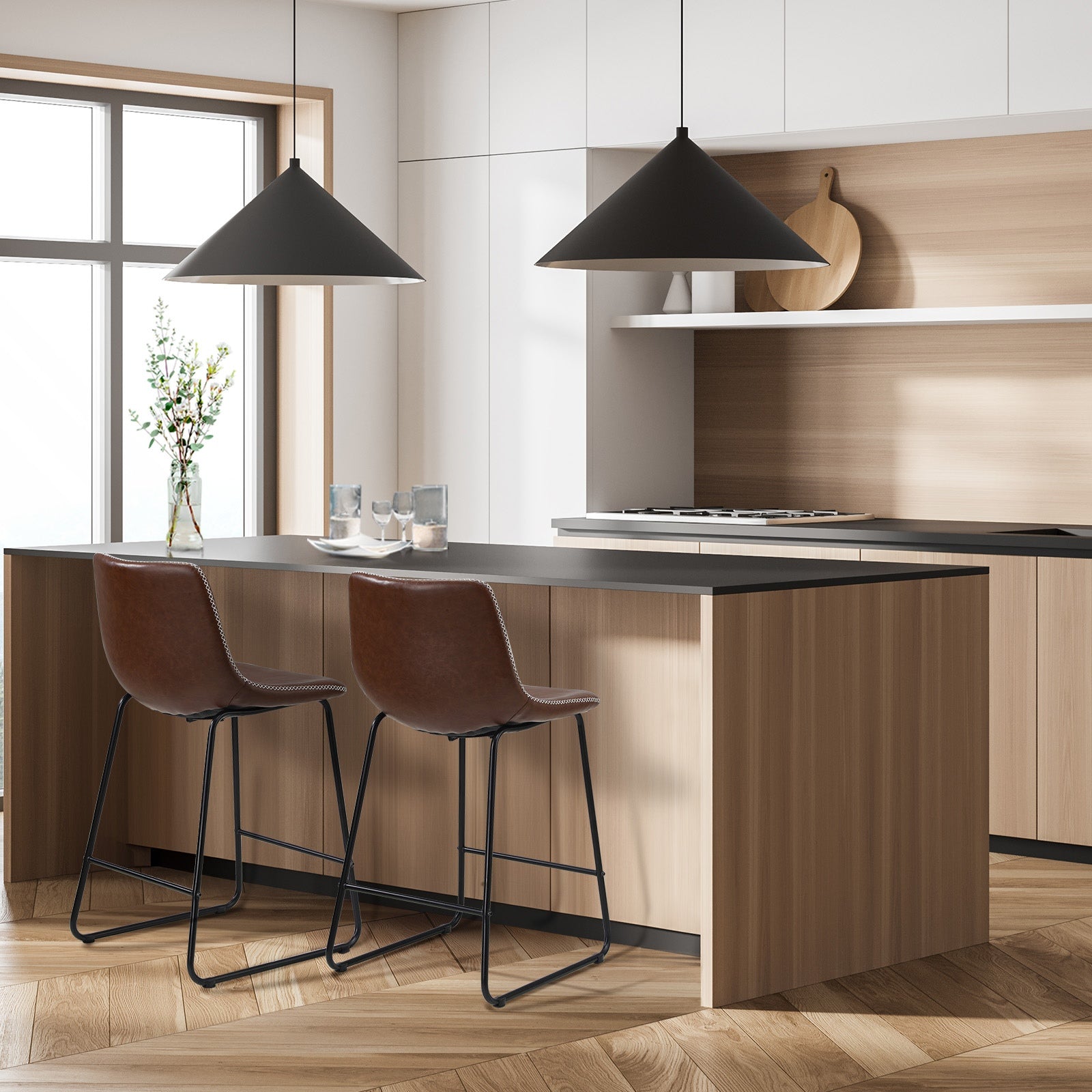 Oikiture 2x Bar Stools Kitchen Dining Chairs Leather Padded Stool Brown - Sunyee
