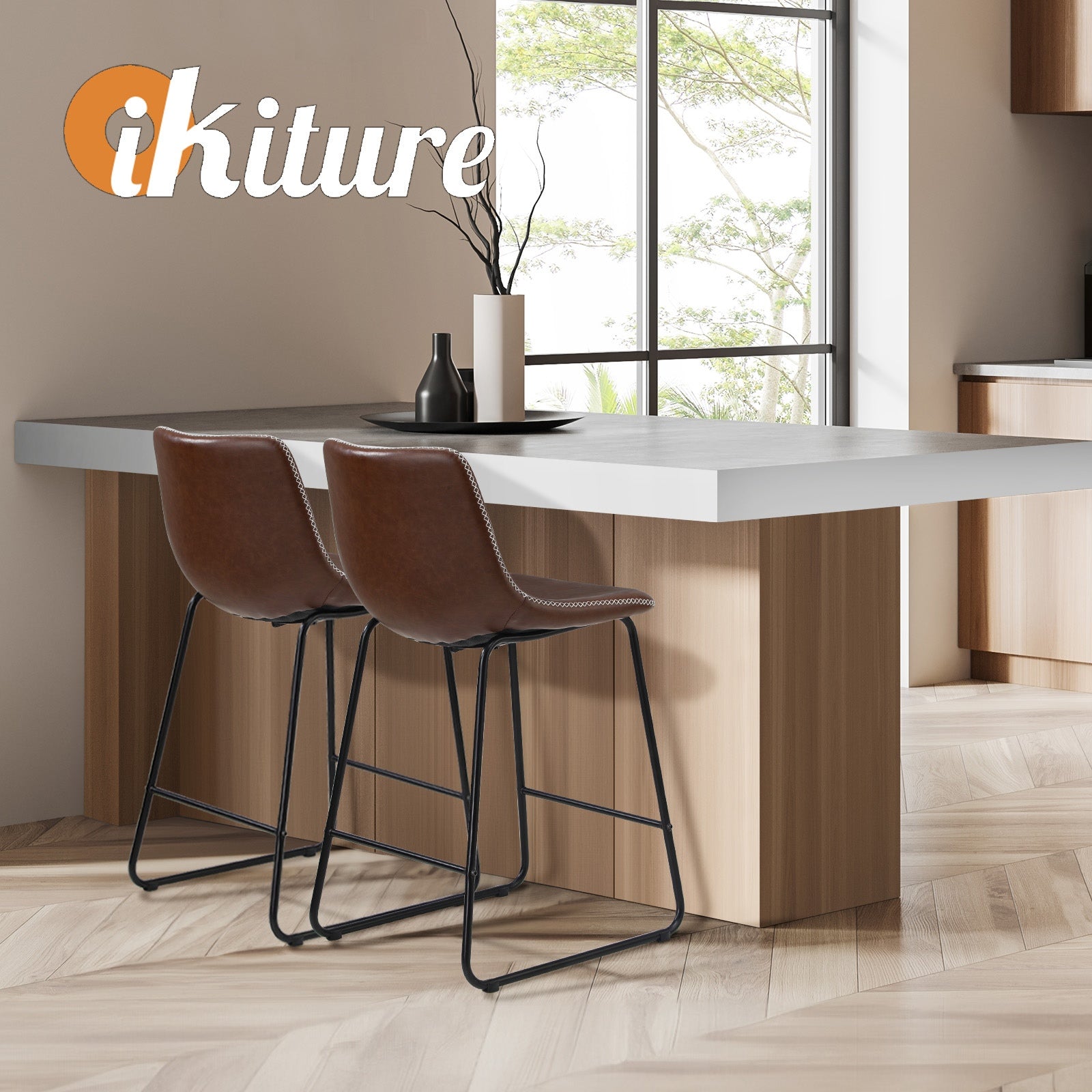 Oikiture 2x Bar Stools Kitchen Dining Chairs Leather Padded Stool Brown - Sunyee