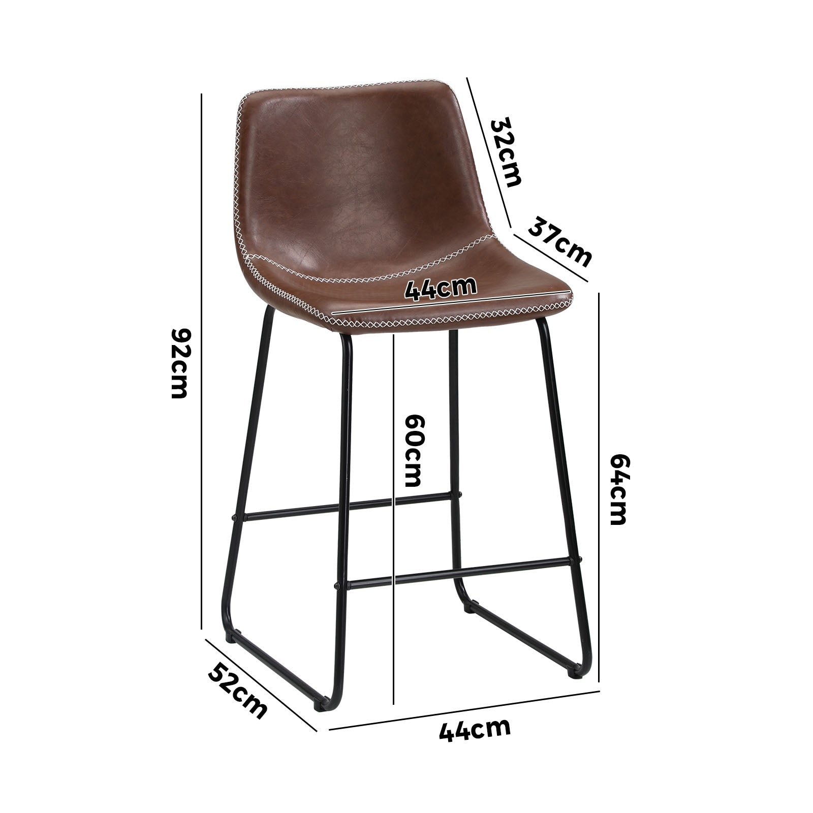 Oikiture 2x Bar Stools Kitchen Dining Chairs Leather Padded Stool Brown - Sunyee