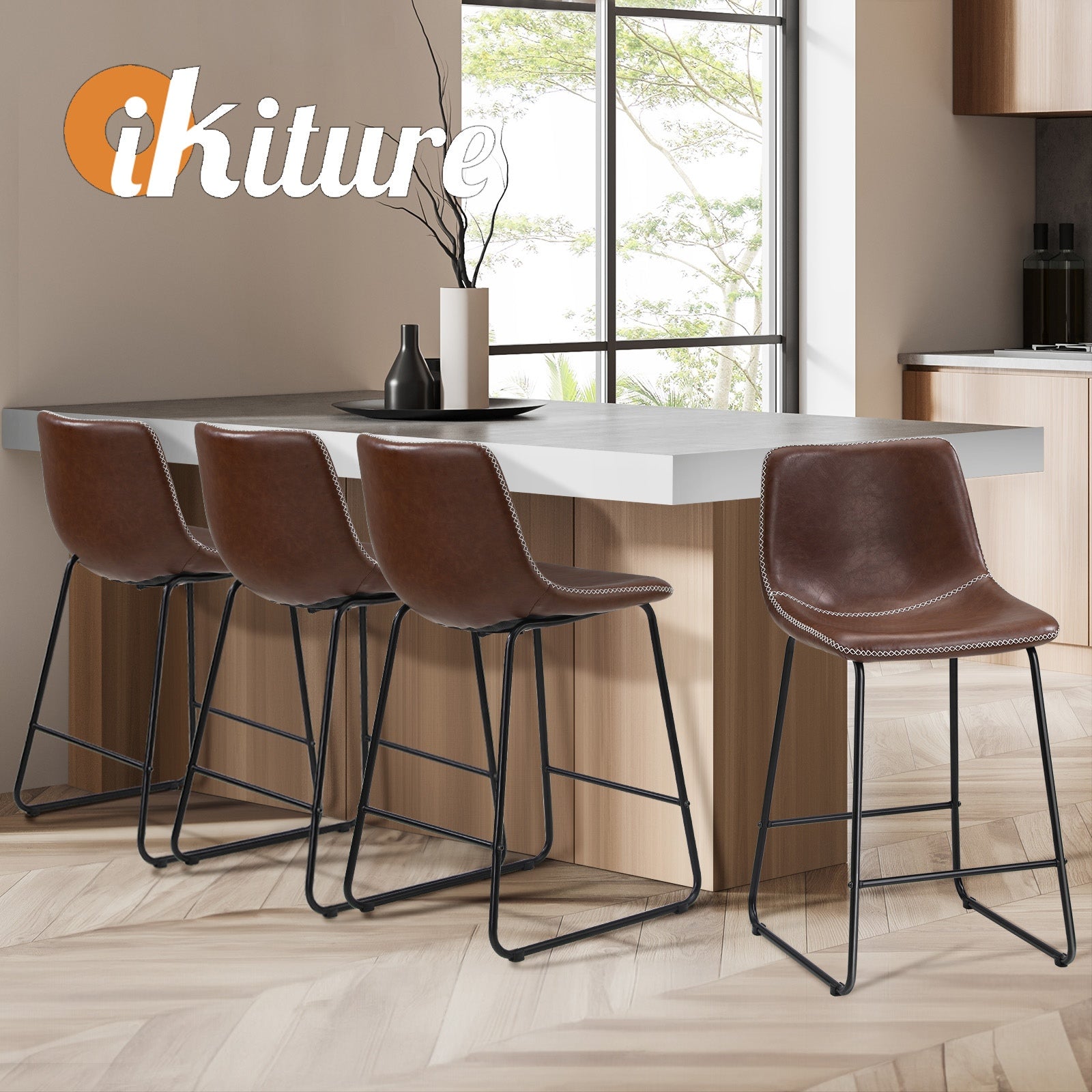Oikiture 4X Bar Stools Kitchen Dining Chairs Leather Padded Stool Brown - Sunyee