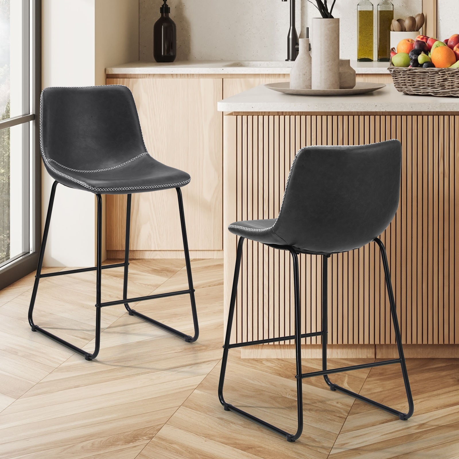 Oikiture 2x Bar Stools Steel Stool Modern Kitchen Dining Furniture Set Grey - Sunyee