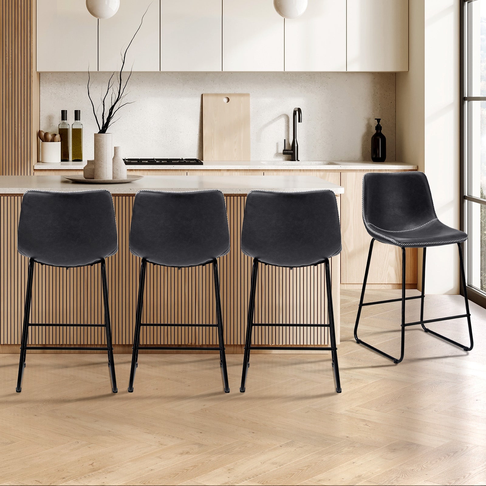 Oikiture 4x Bar Stools Kitchen Stool Dining Chairs Metal Leather Grey - Sunyee