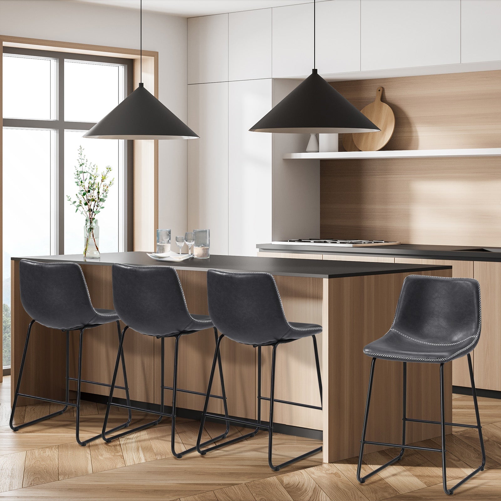 Oikiture 4x Bar Stools Kitchen Stool Dining Chairs Metal Leather Grey - Sunyee