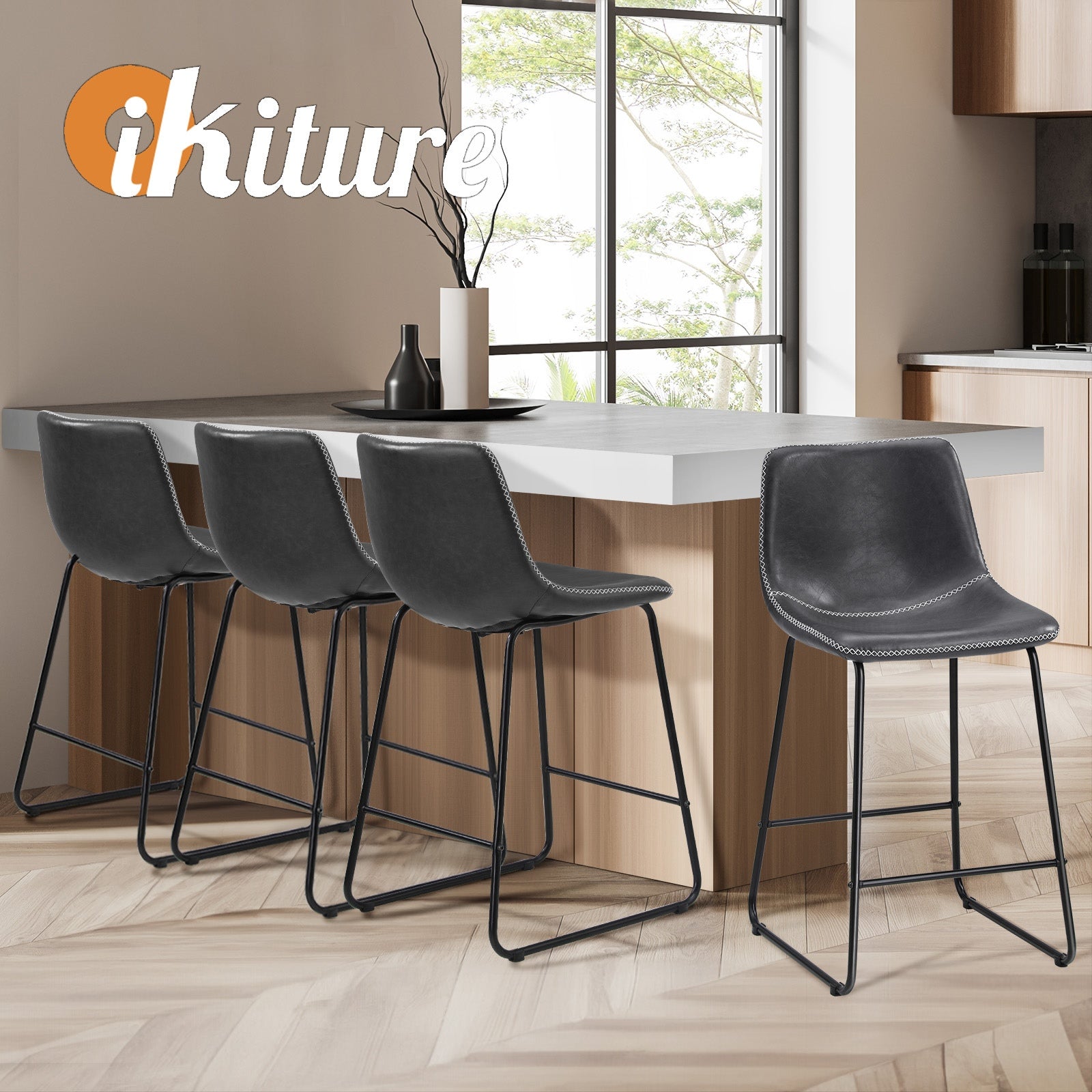 Oikiture 4x Bar Stools Kitchen Stool Dining Chairs Metal Leather Grey - Sunyee