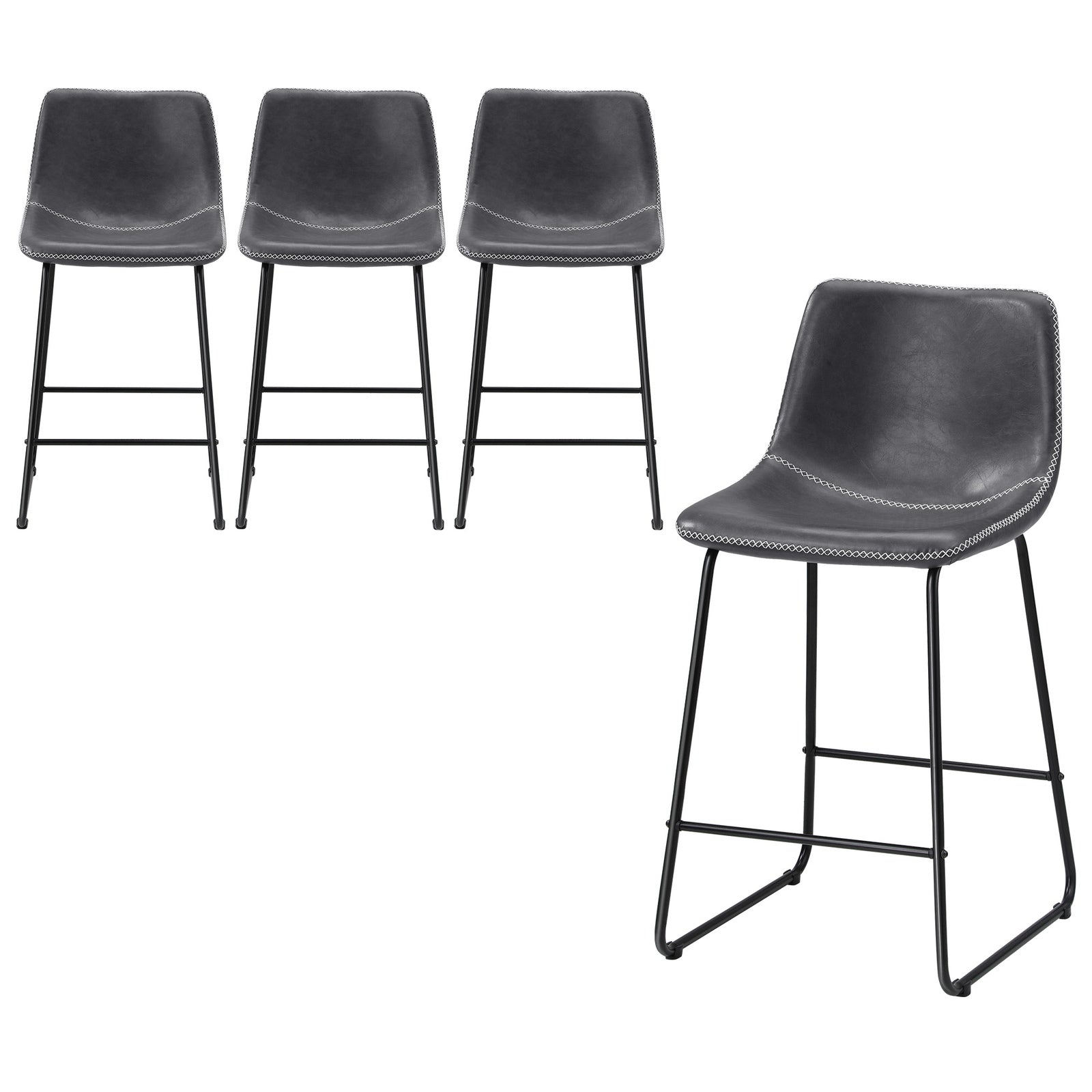 Oikiture 4x Bar Stools Kitchen Stool Dining Chairs Metal Leather Grey - Sunyee