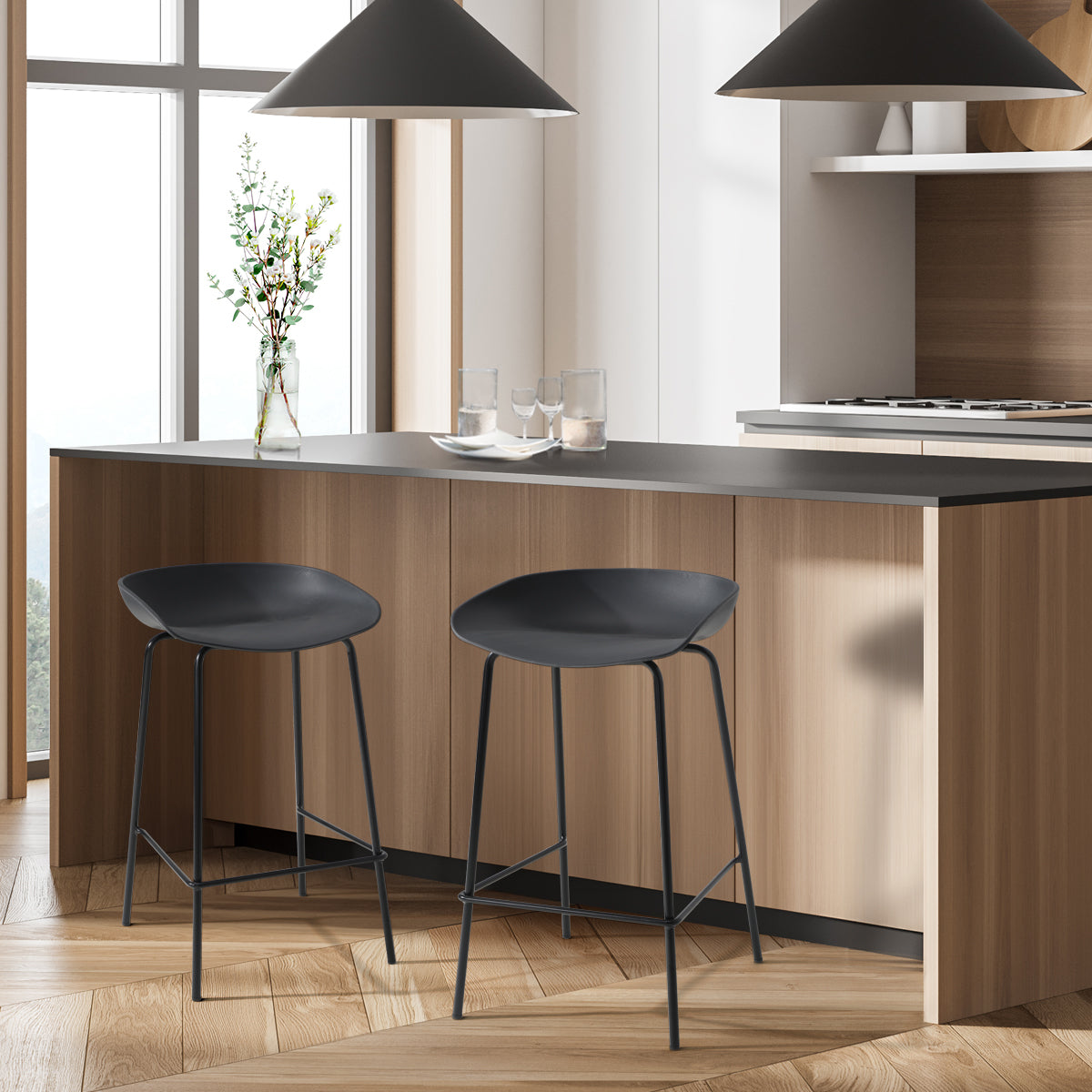 Oikiture 2x Kitchen Bar Stools Stool Dinning Counter Chairs Metal Black - Sunyee
