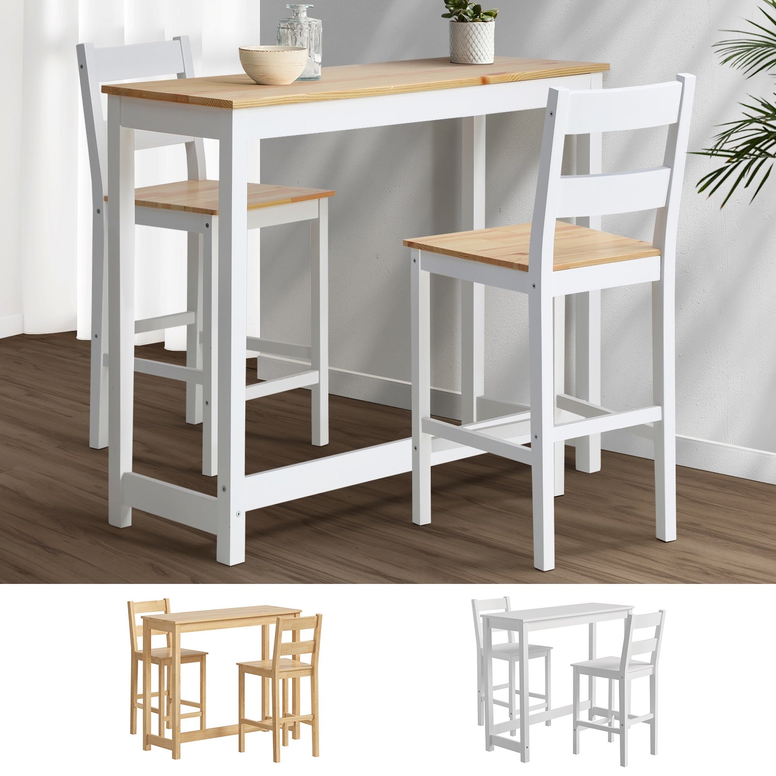 Oikiture 3PCS Bar Table Set Kitchen Dining Cafe Tables W/ 2 Stools Setting - Sunyee