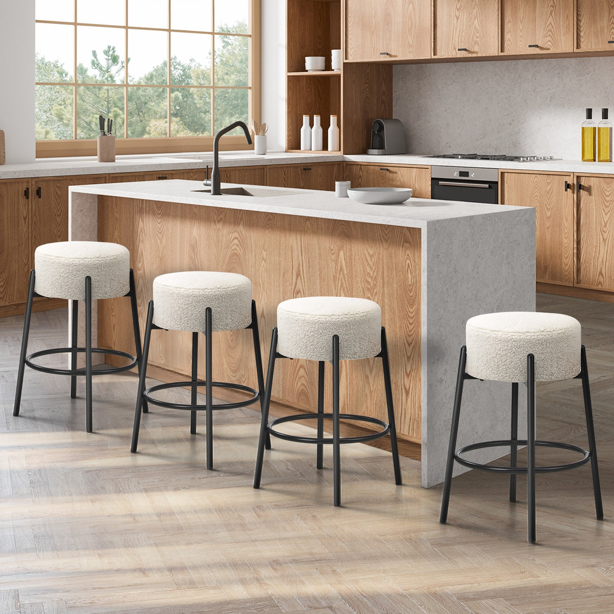 Oikiture 4x Bar Stools Kitchen Dining Chair Round Stool Boucle Fabric White - Sunyee