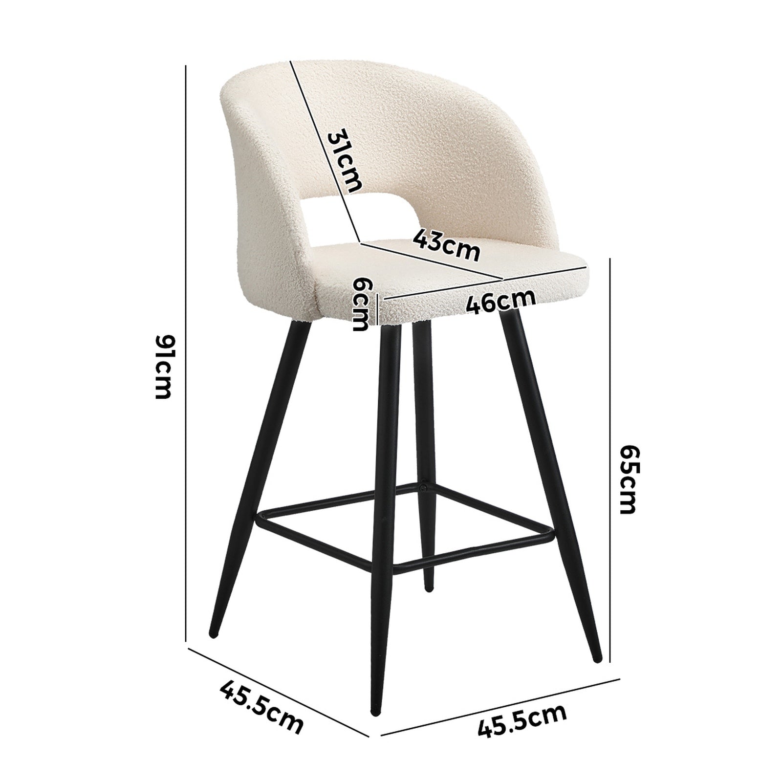 Oikiture 2x Bar Stools Kitchen Dining Chair Padded Chair Boucle White SURA - Sunyee