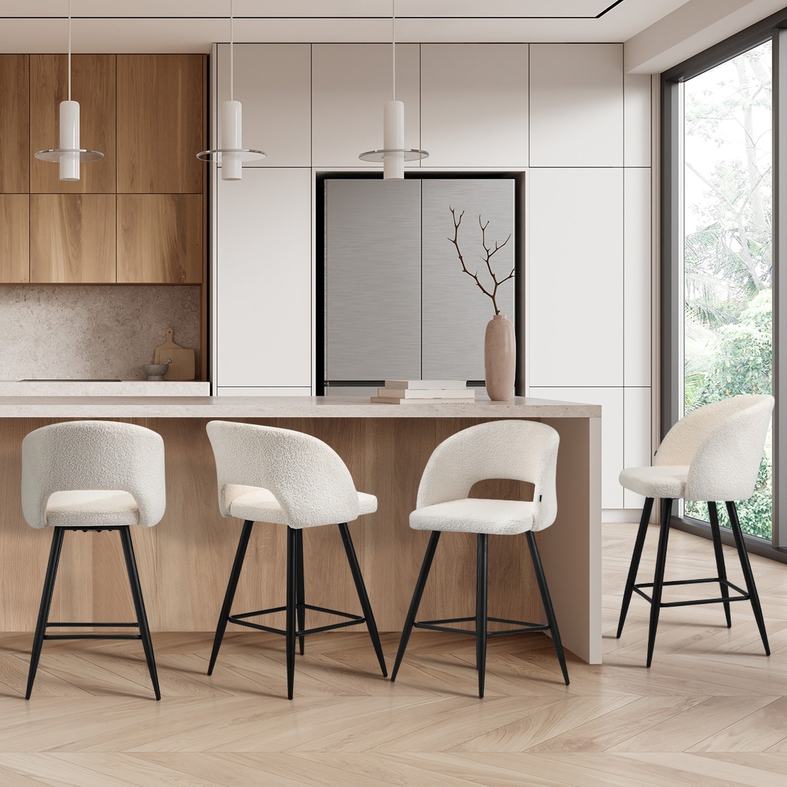 Oikiture 4x Bar Stools Kitchen Dining Chair Padded Chair Boucle White SURA
