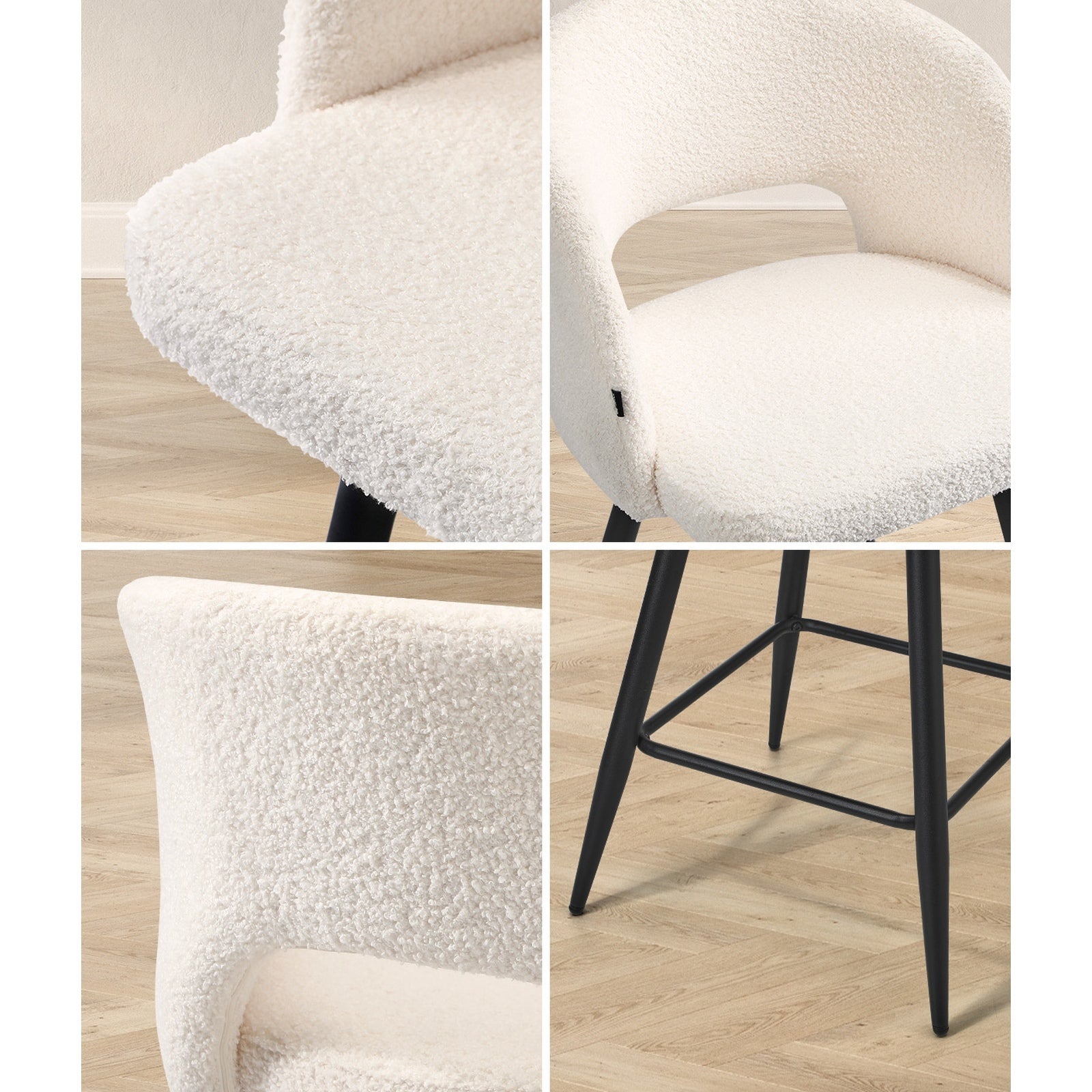 Oikiture 4x Bar Stools Kitchen Dining Chair Padded Chair Boucle White SURA
