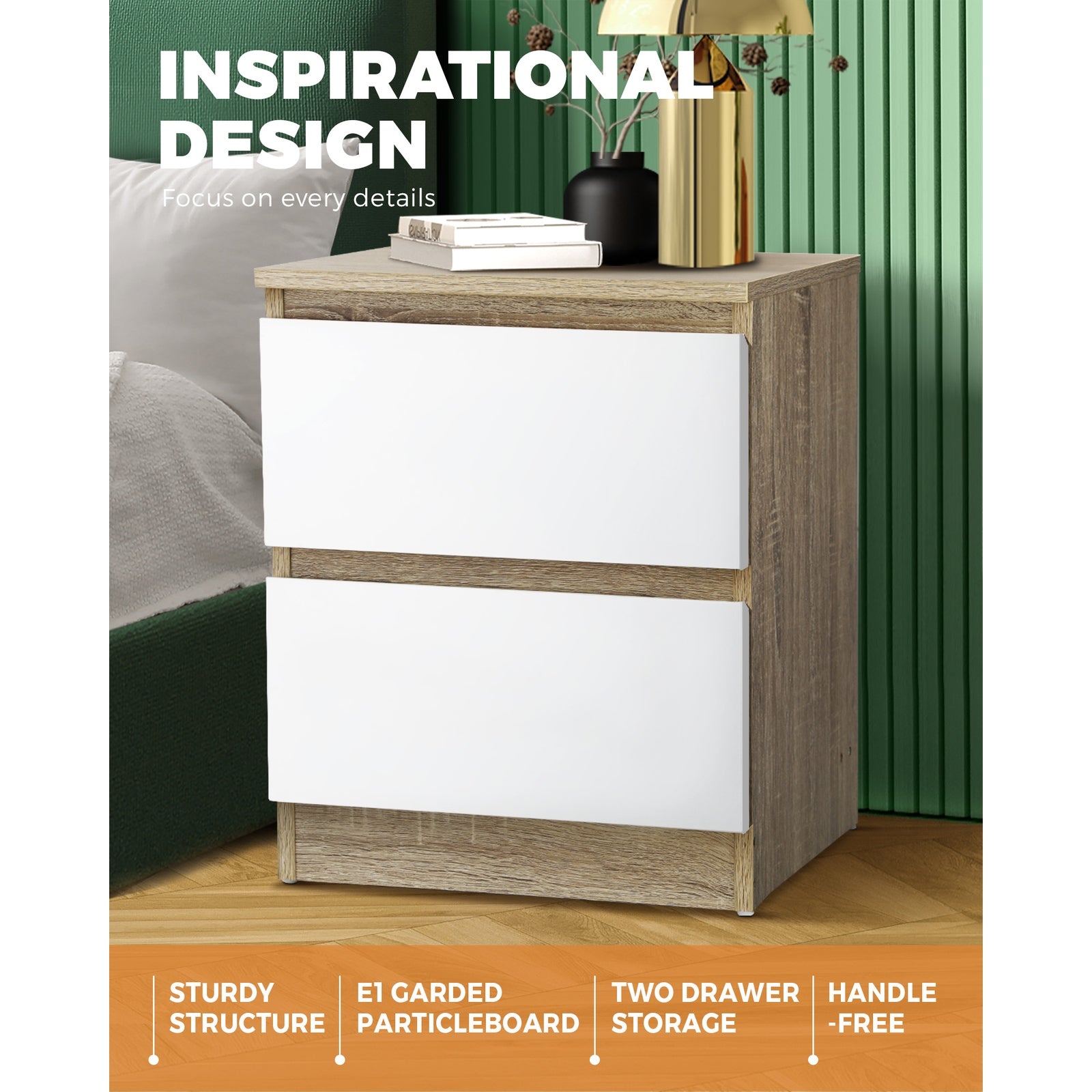 Oikiture Bedside Table 2 Drawers Side Table Nightstand Storage Cabinet Bedroom - Sunyee