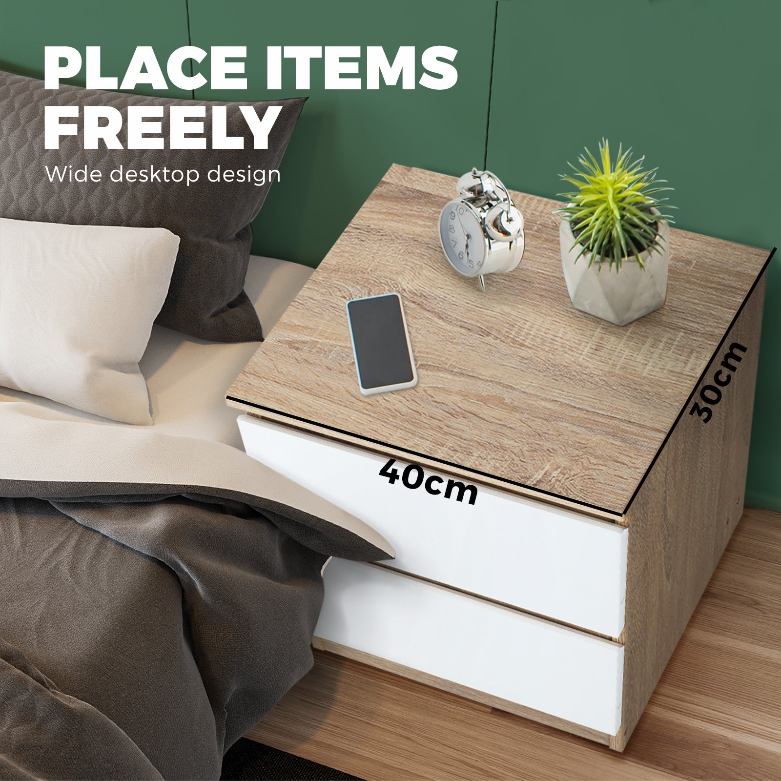 Oikiture Bedside Table 2 Drawers Side Table Nightstand Storage Cabinet Bedroom - Sunyee