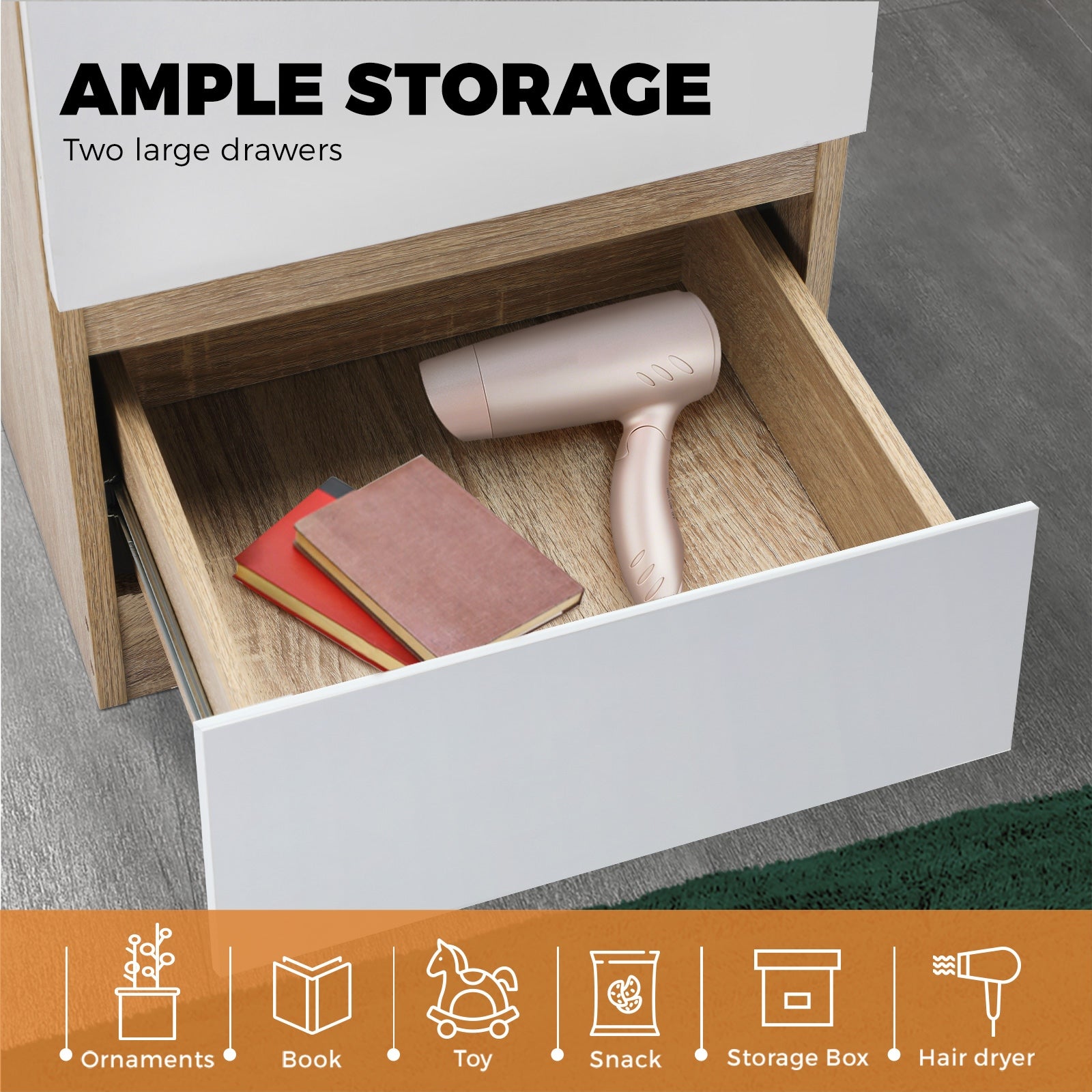 Oikiture Bedside Table 2 Drawers Side Table Nightstand Storage Cabinet Bedroom - Sunyee