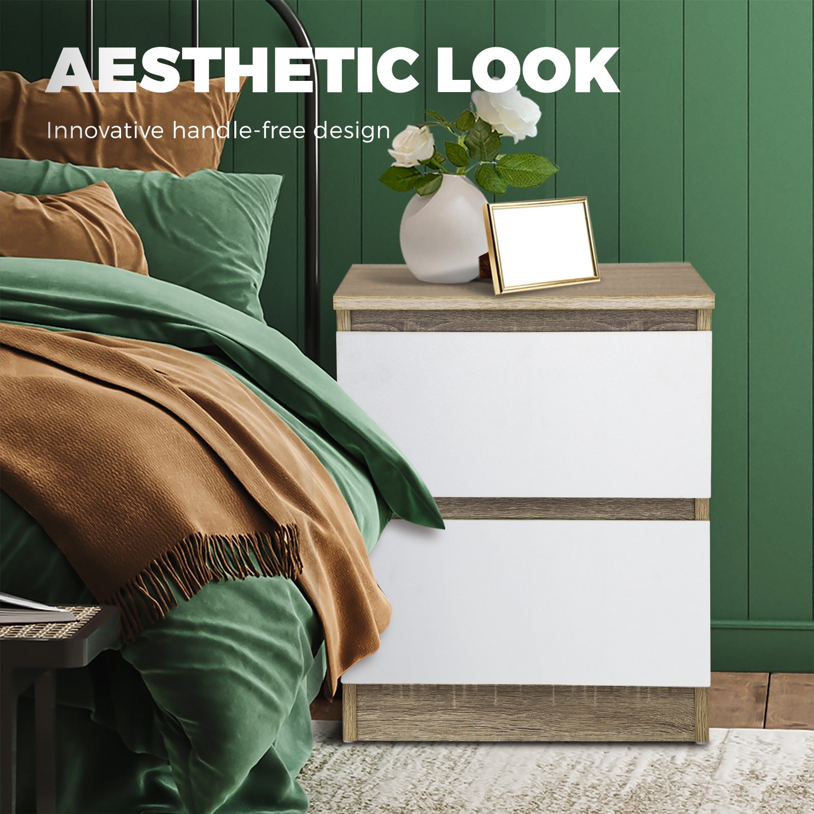 Oikiture Bedside Table 2 Drawers Side Table Nightstand Storage Cabinet Bedroom - Sunyee