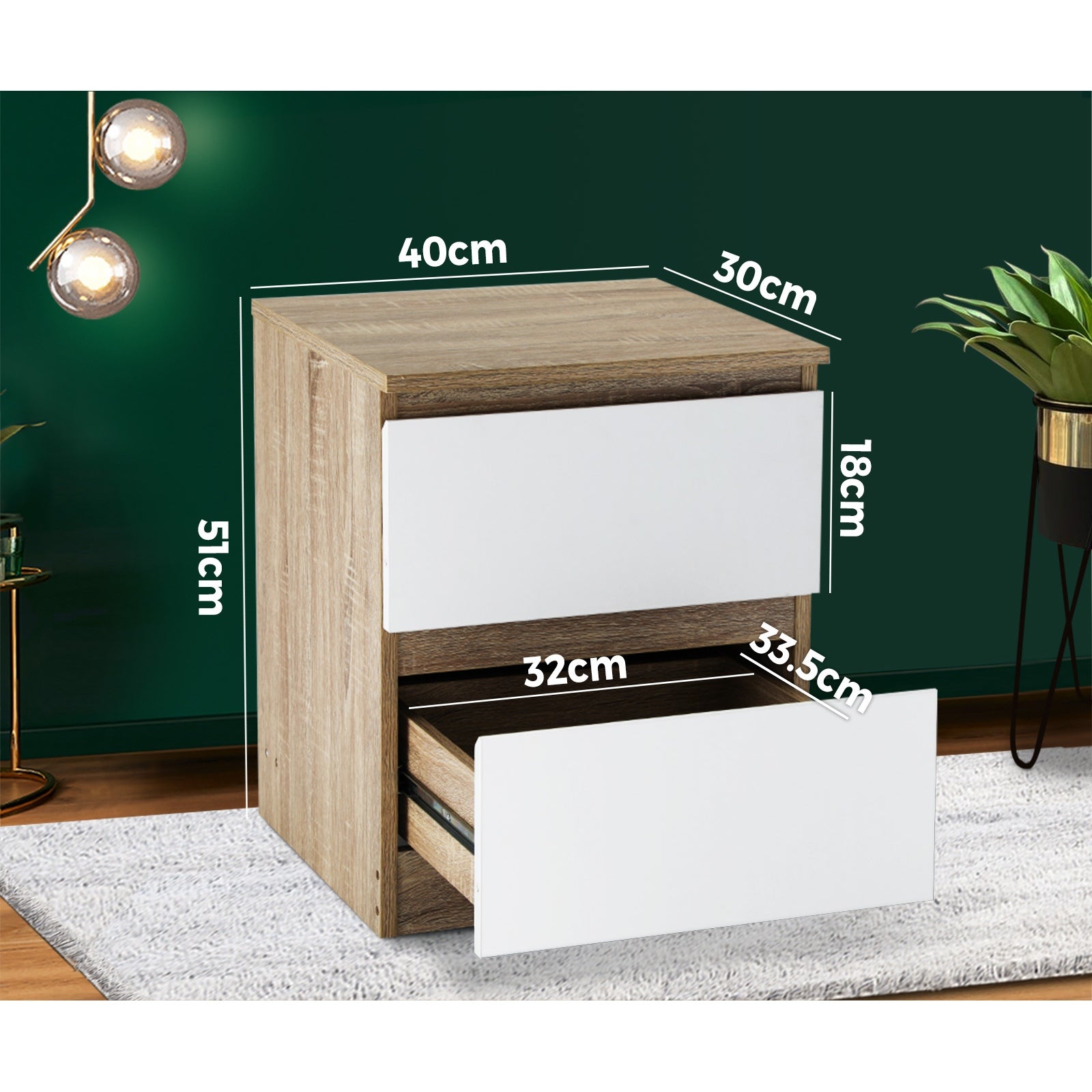 Oikiture Bedside Table 2 Drawers Side Table Nightstand Storage Cabinet Bedroom - Sunyee