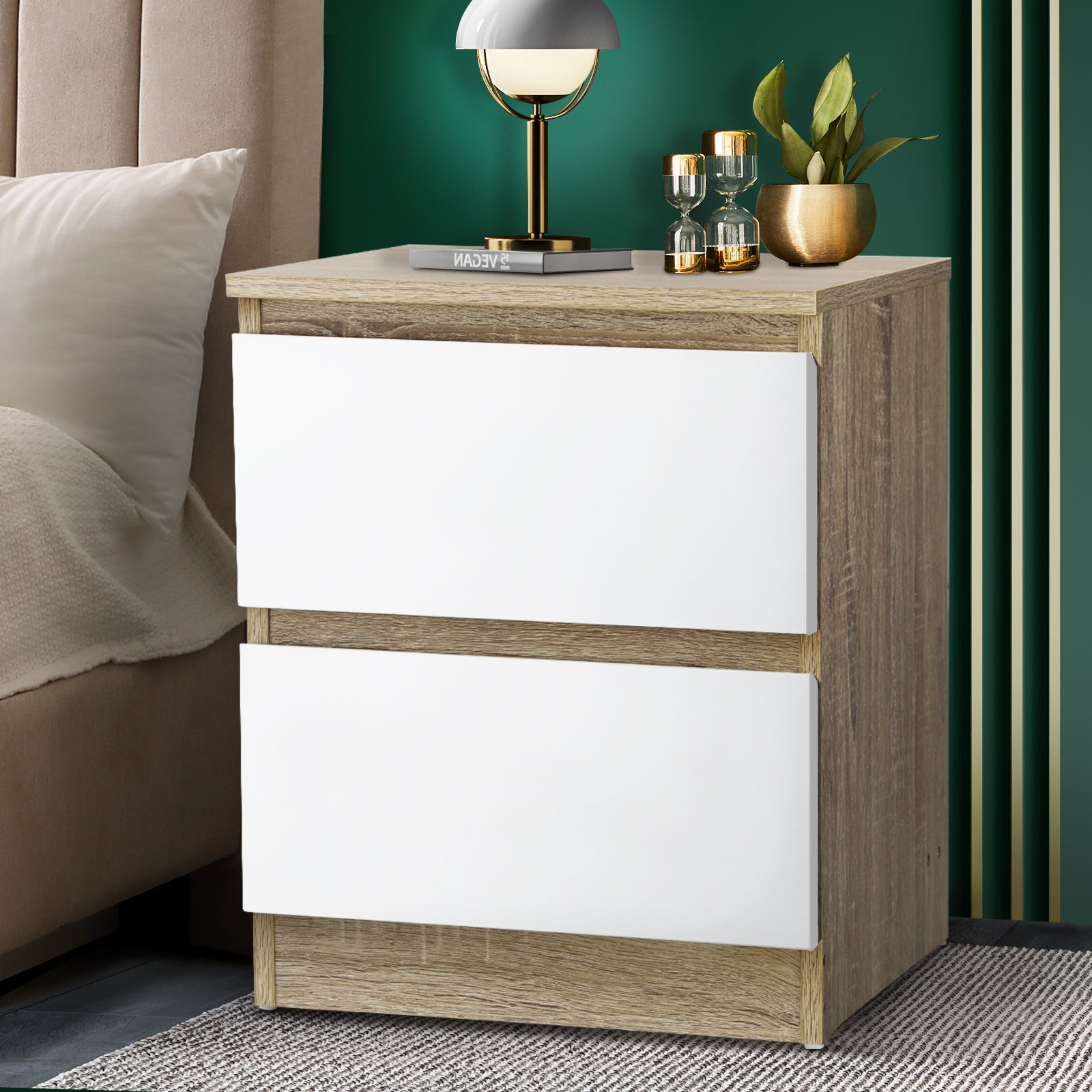 Oikiture Bedside Table 2 Drawers Side Table Nightstand Storage Cabinet Bedroom - Sunyee