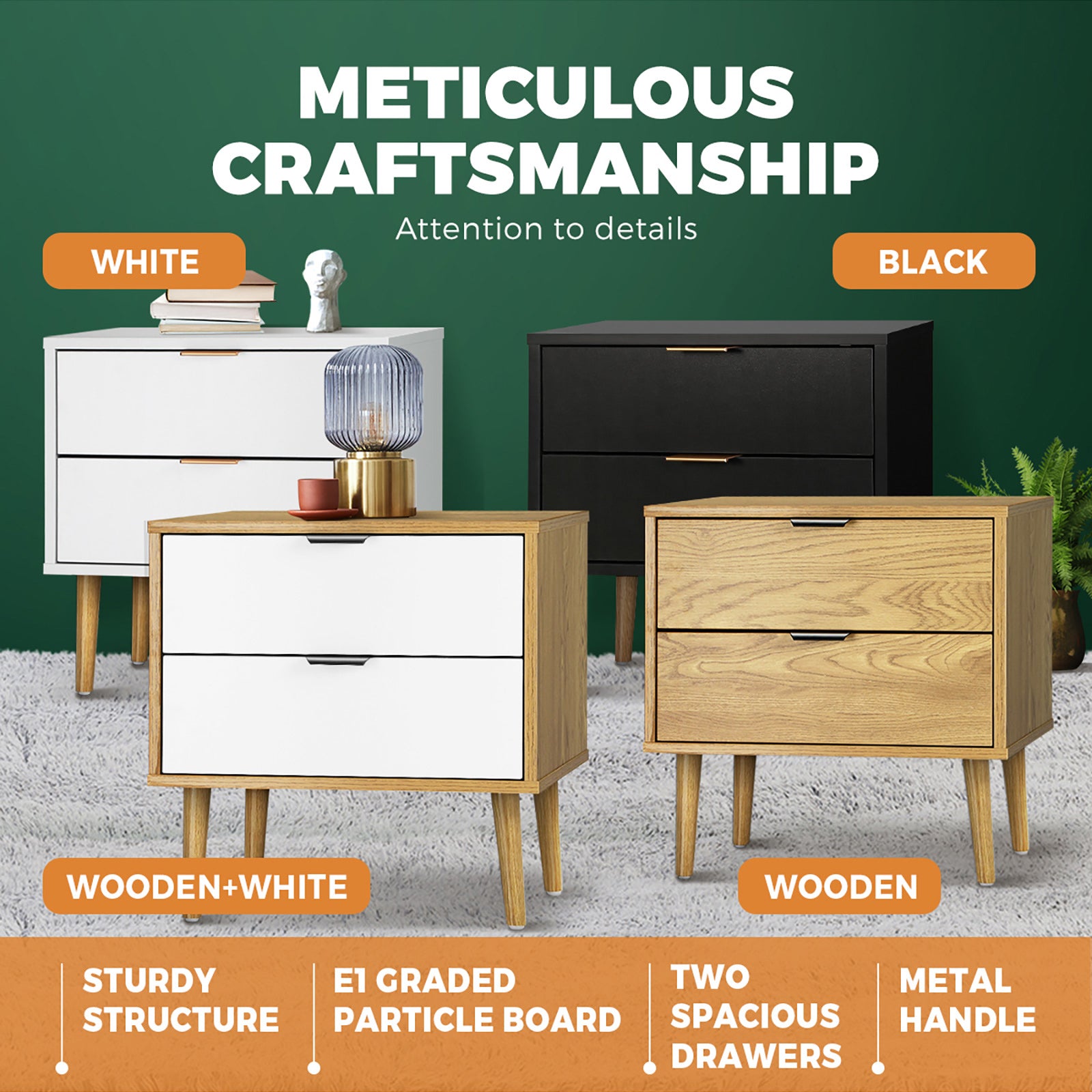 Oikiture Bedside Tables Side Table 2 Drawers Bedroom Furniture Storage Cabinet - Sunyee