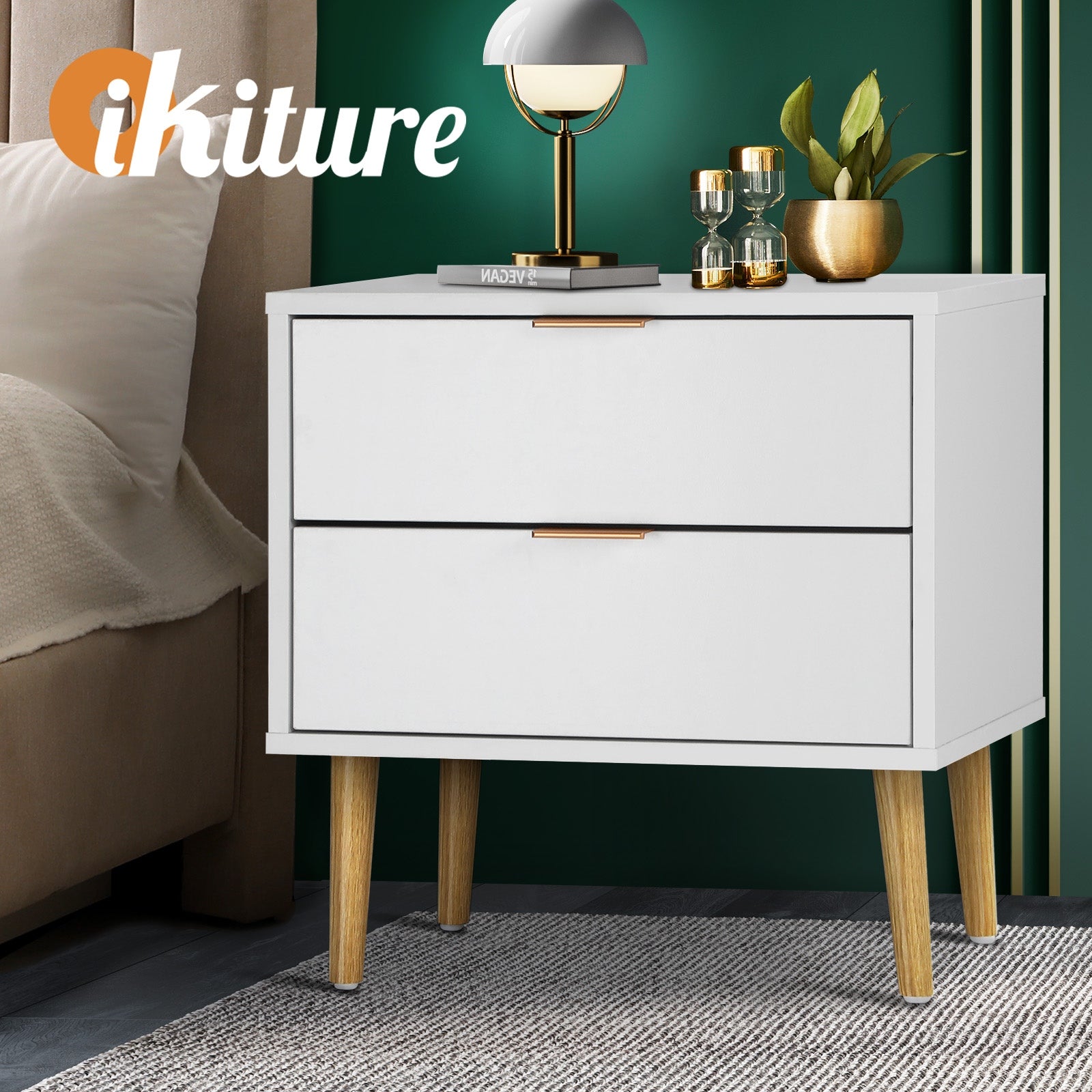 Oikiture Bedside Tables Side Table 2 Drawers Bedroom Furniture Storage Cabinet - Sunyee