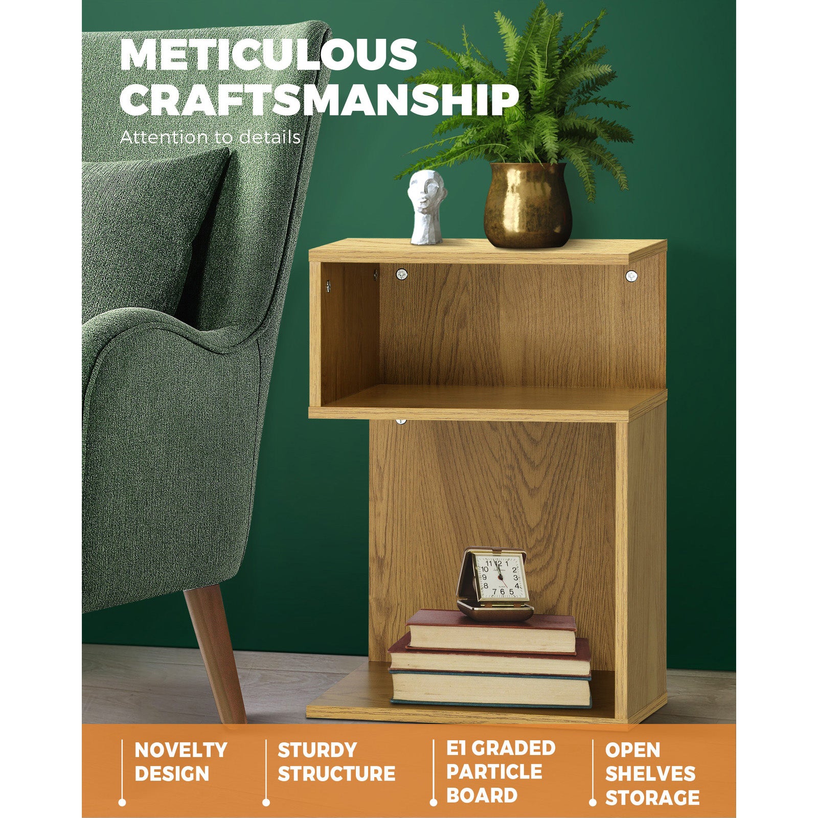 Oikiture Bedside Tables Side Table 2 Layers Bedroom Storage Cabinet Shelf Wood - Sunyee