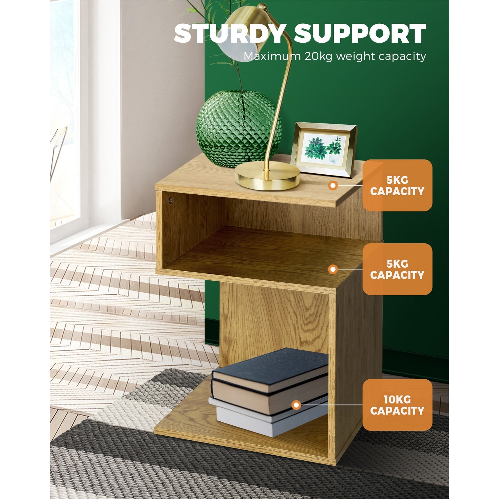 Oikiture Bedside Tables Side Table 2 Layers Bedroom Storage Cabinet Shelf Wood - Sunyee