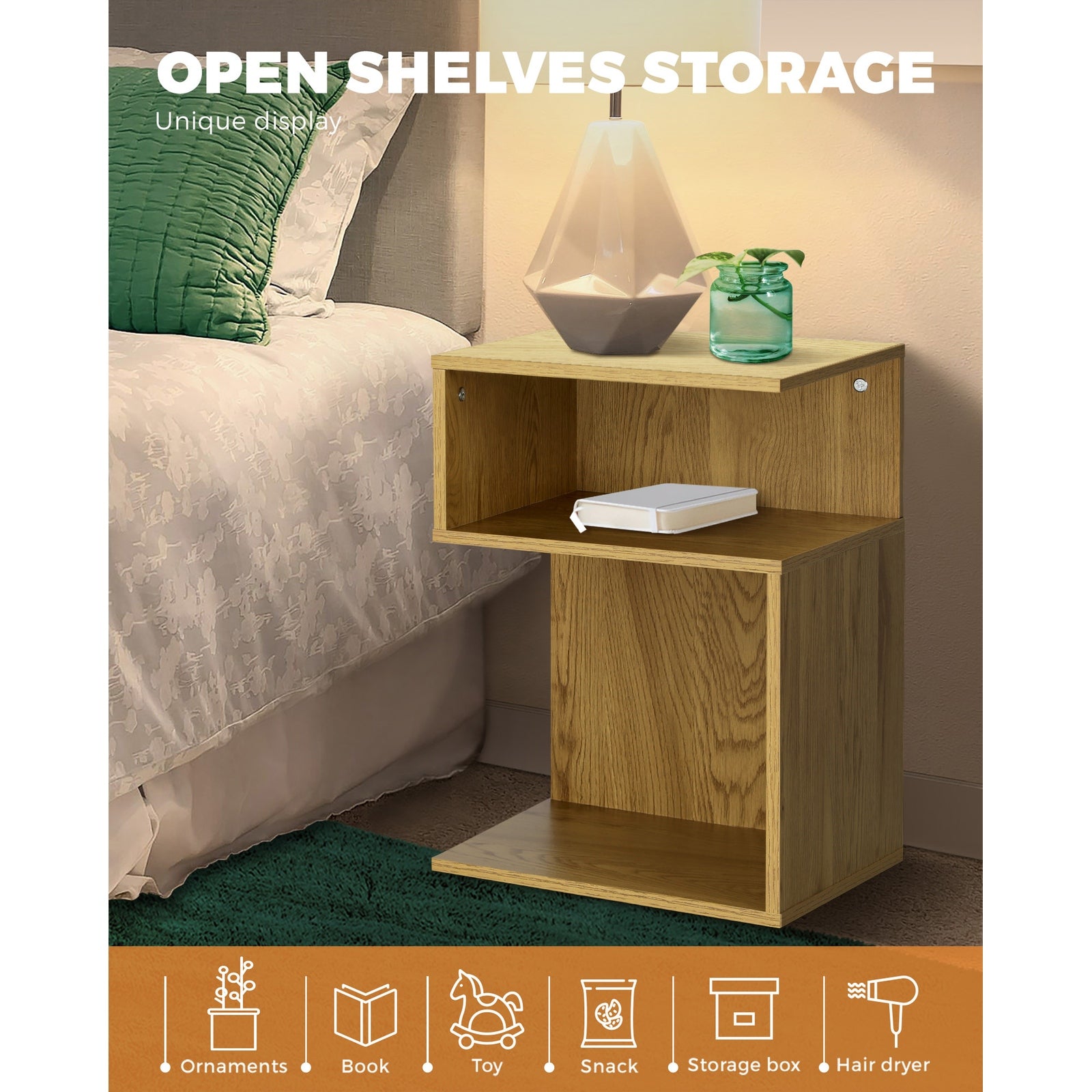 Oikiture Bedside Tables Side Table 2 Layers Bedroom Storage Cabinet Shelf Wood - Sunyee