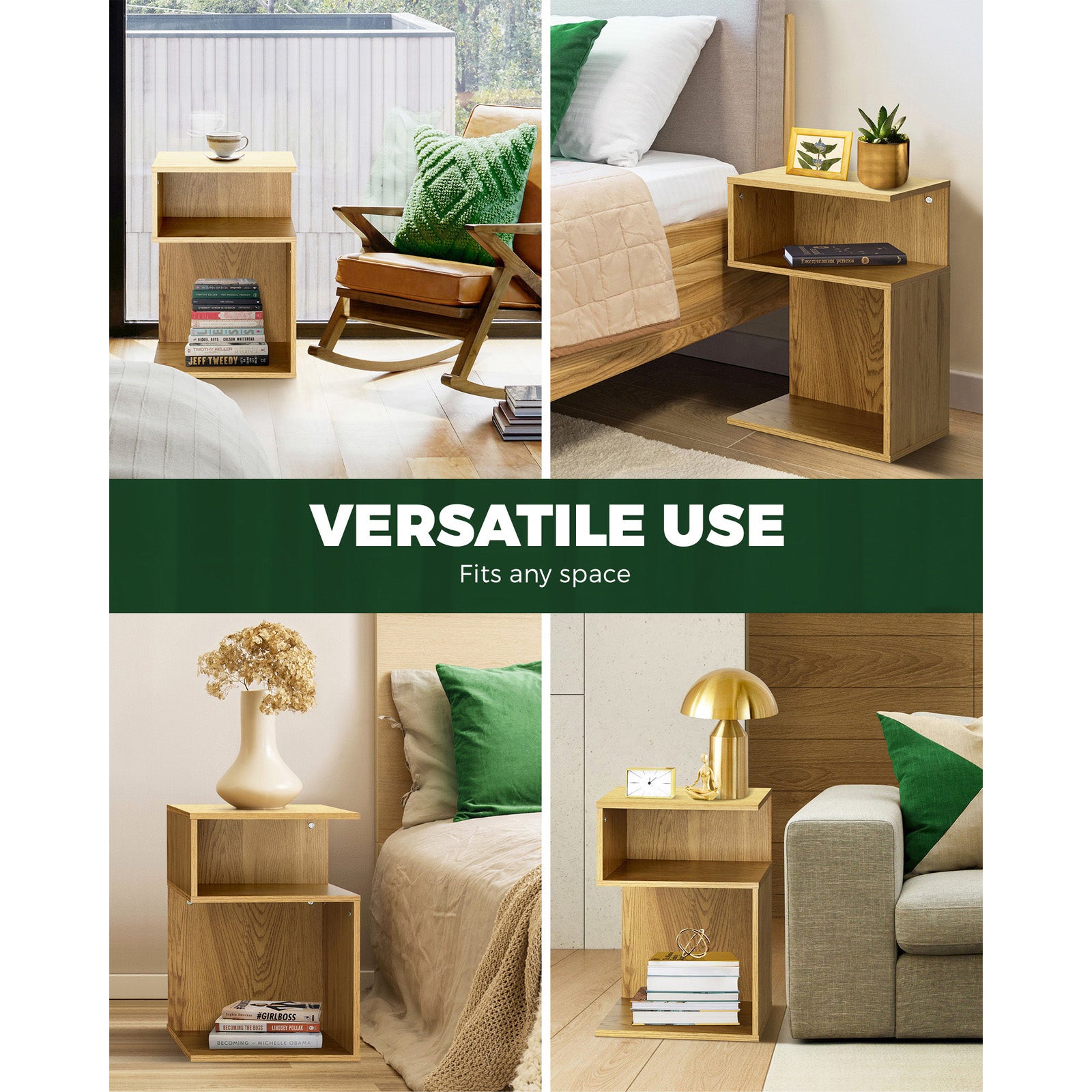 Oikiture Bedside Tables Side Table 2 Layers Bedroom Storage Cabinet Shelf Wood - Sunyee