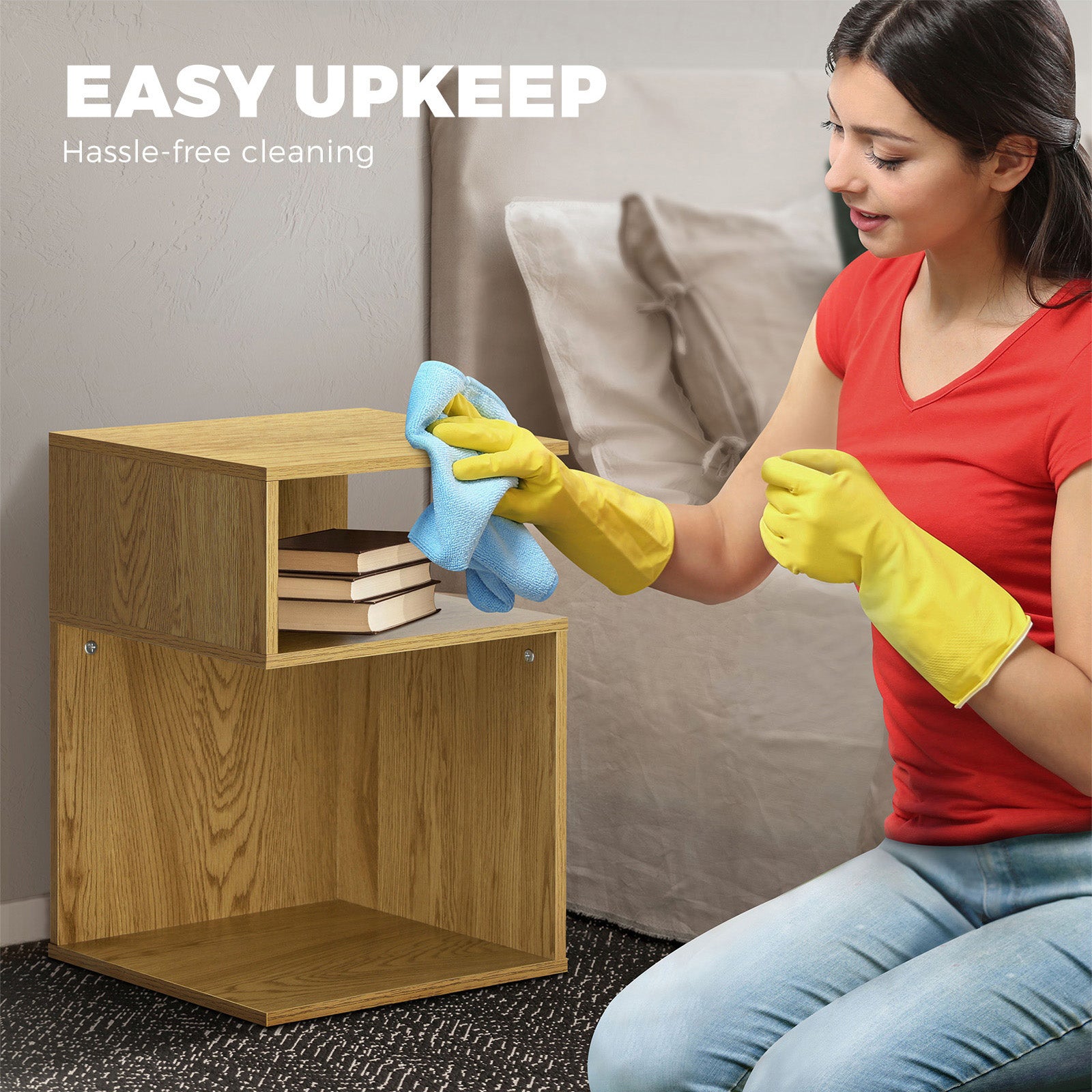 Oikiture Bedside Tables Side Table 2 Layers Bedroom Storage Cabinet Shelf Wood - Sunyee