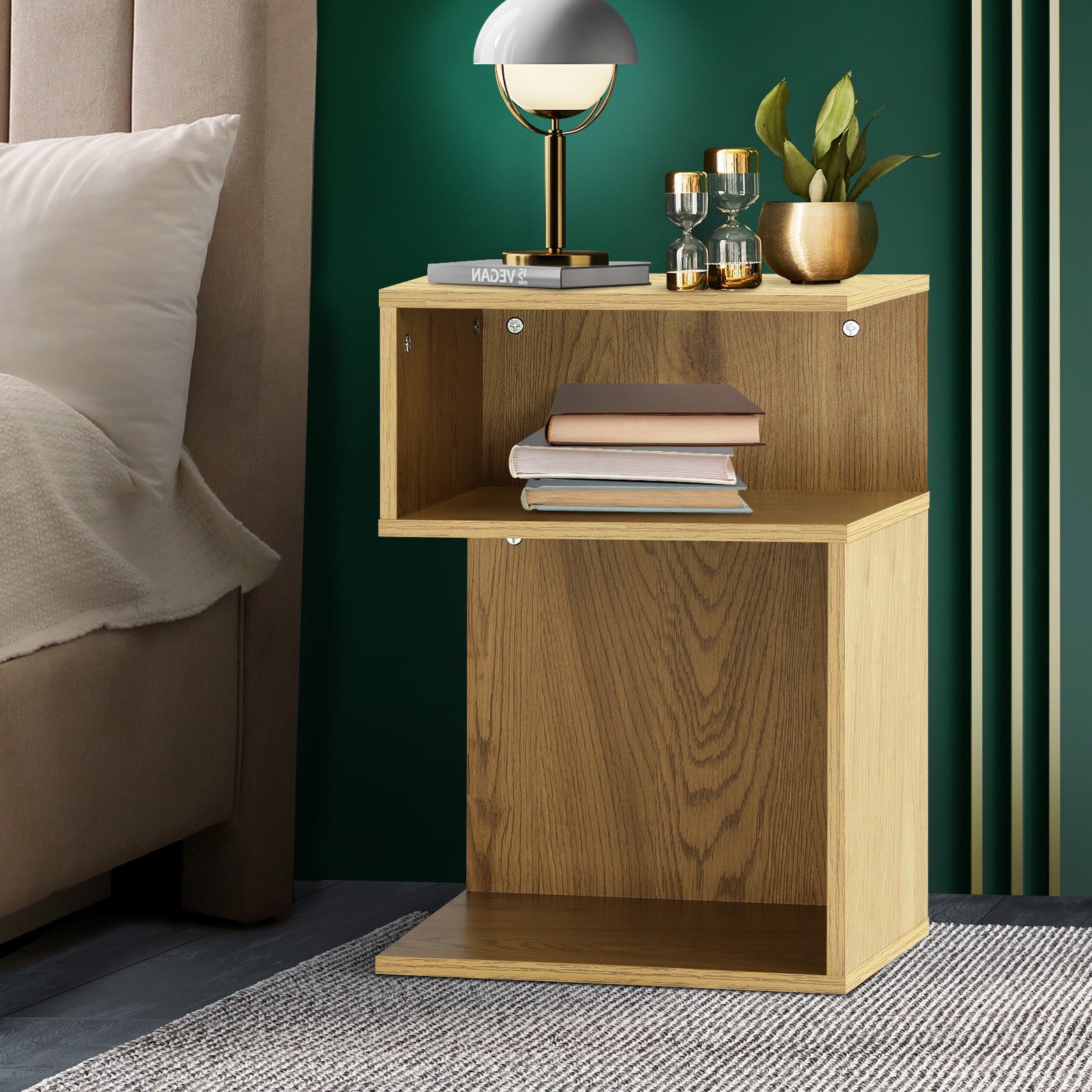 Oikiture Bedside Tables Side Table 2 Layers Bedroom Storage Cabinet Shelf Wood - Sunyee