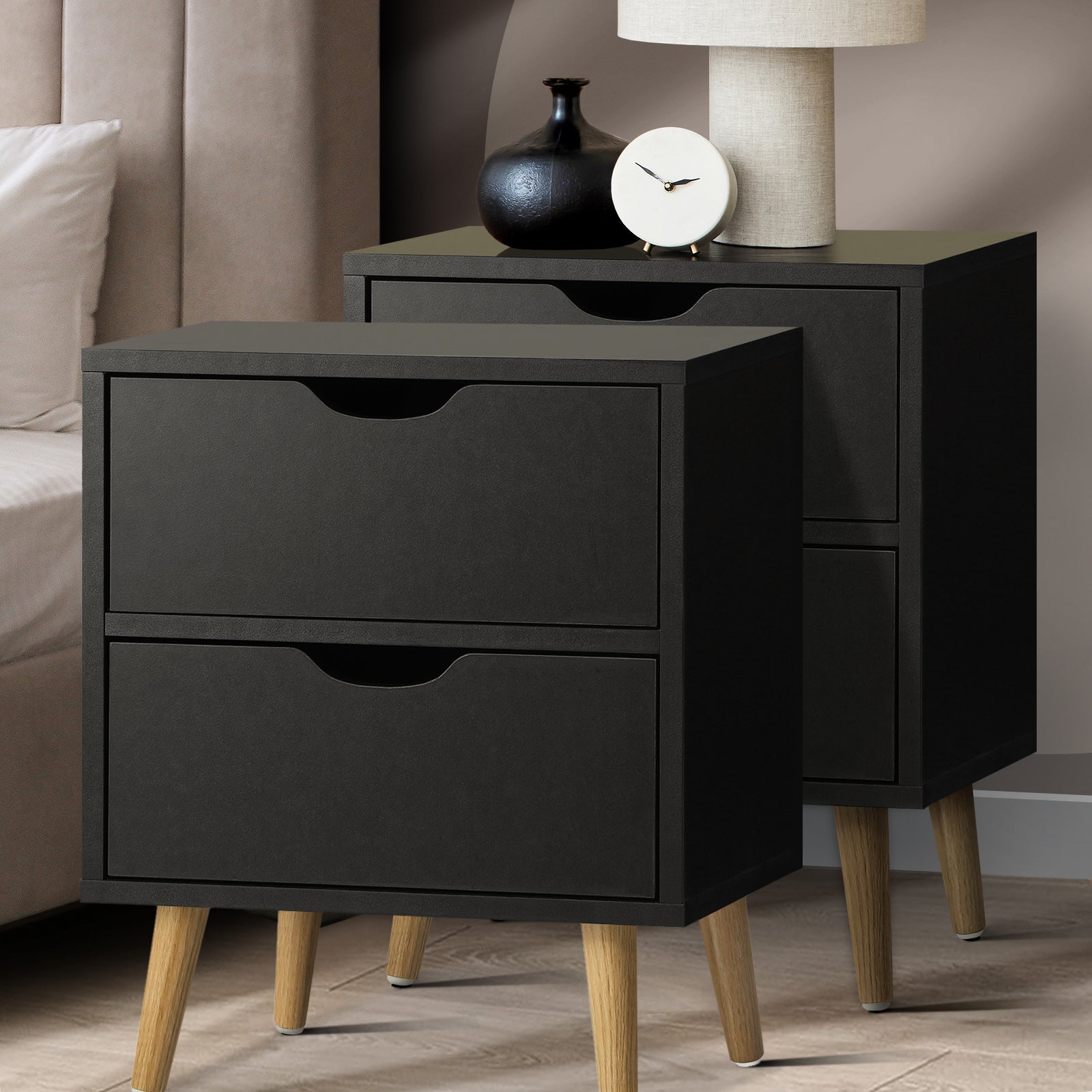 Oikiture 2 X Bedside Tables Side Table Bedroom Furniture Black - Sunyee