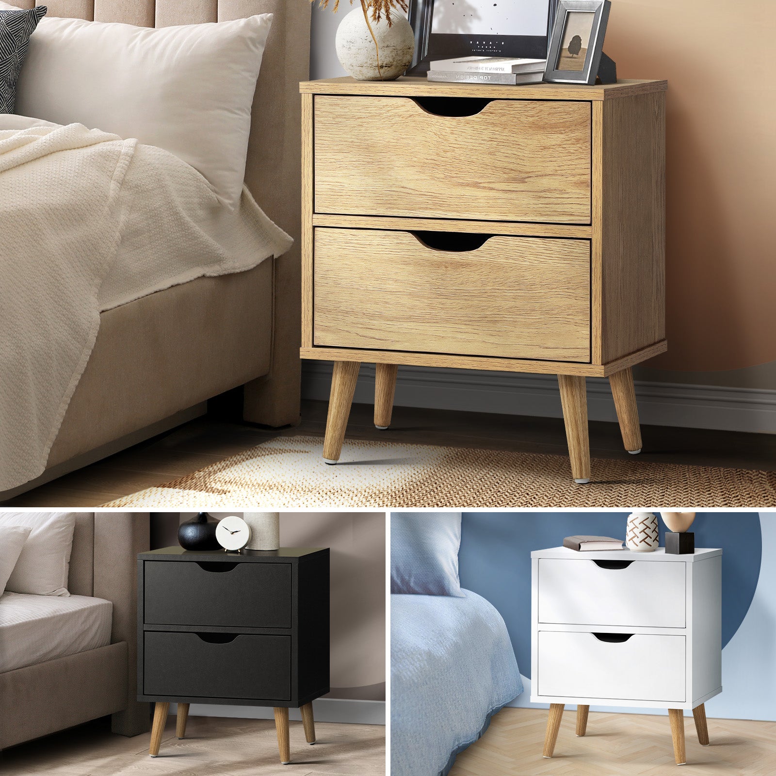 Oikiture Bedside Tables 2 Drawers Side Table Bedroom Furniture Storage Cabinet - Sunyee