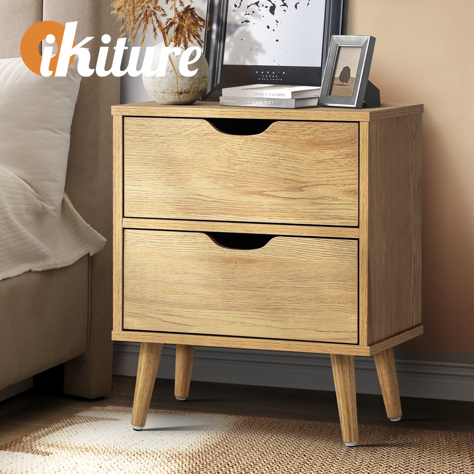 Oikiture Bedside Tables 2 Drawers Side Table Bedroom Furniture Storage Cabinet - Sunyee