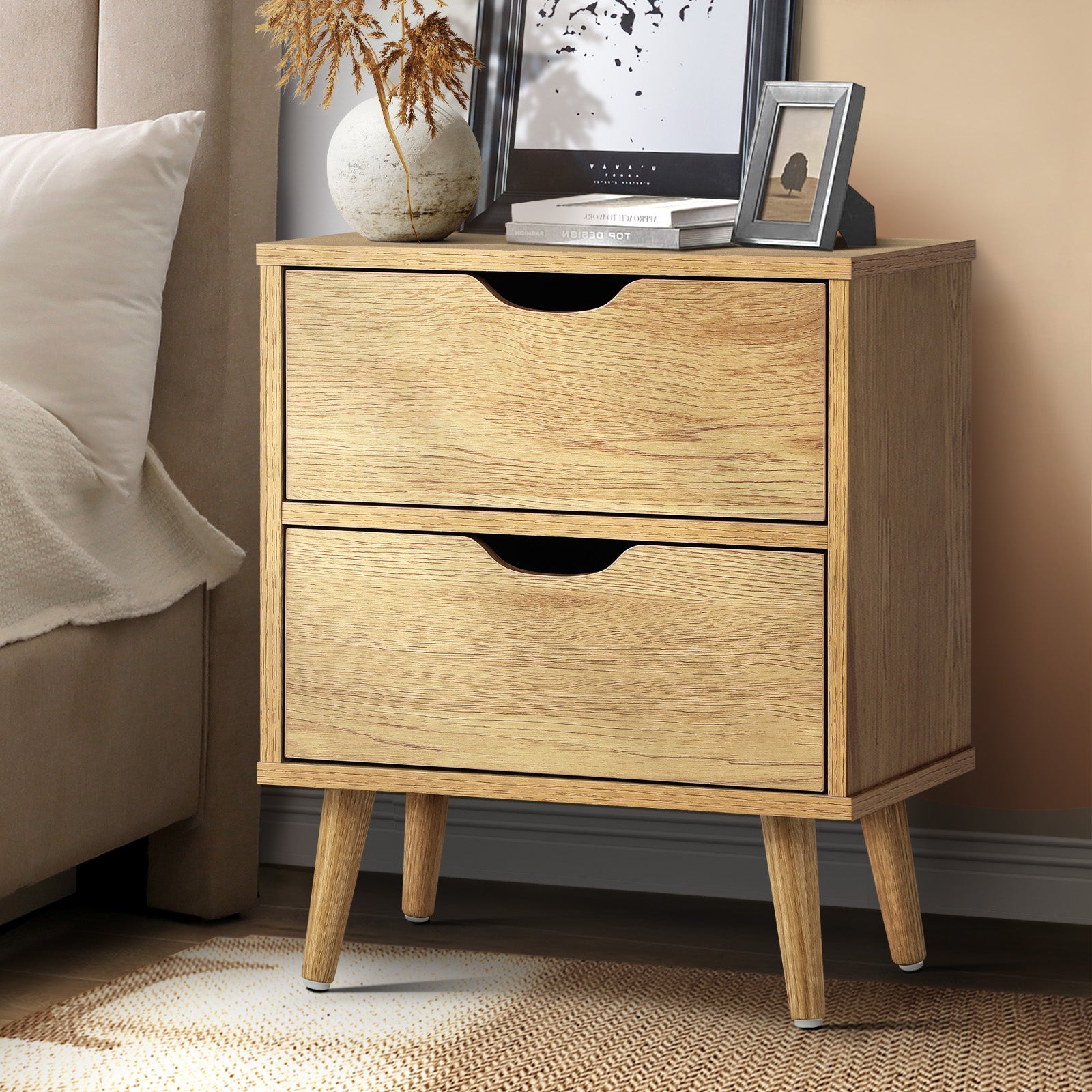 Oikiture Bedside Tables 2 Drawers Side Table Nightstand Storage Cabinet Wood - Sunyee