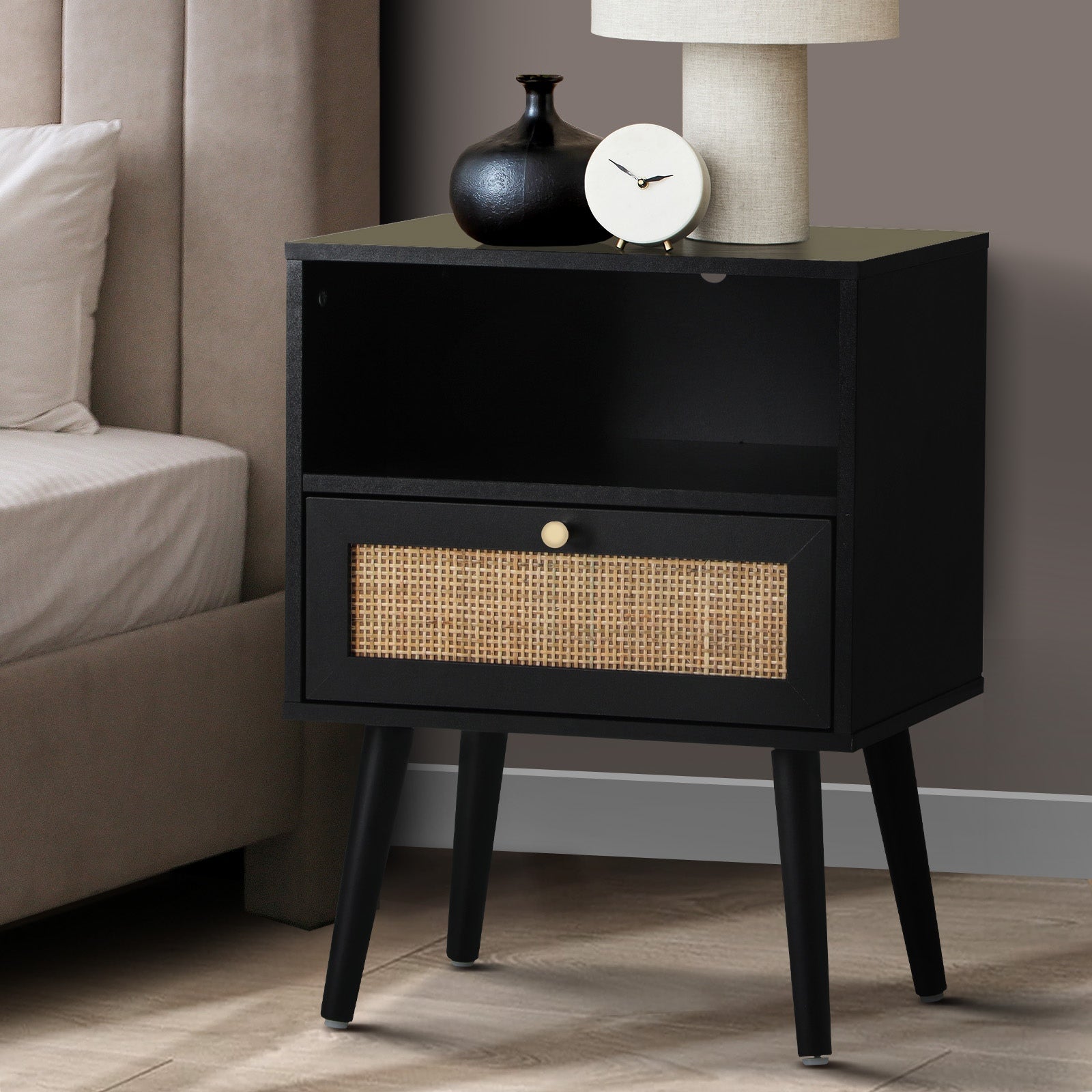 Oikiture Bedside Table Side Table Storage Drawer Shelf Nightstand Rattan Black - Sunyee