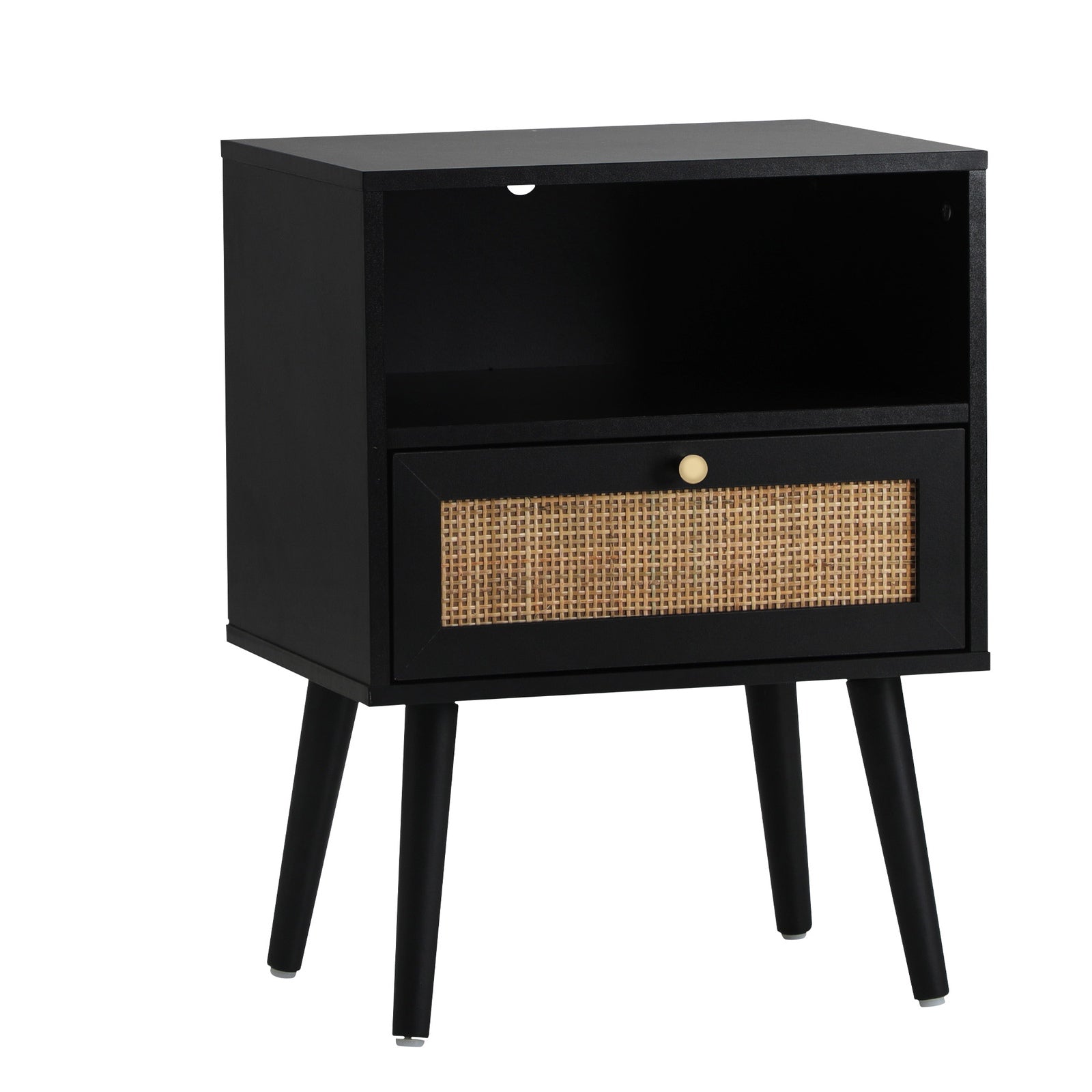Oikiture Bedside Table Side Table Storage Drawer Shelf Nightstand Rattan Black - Sunyee