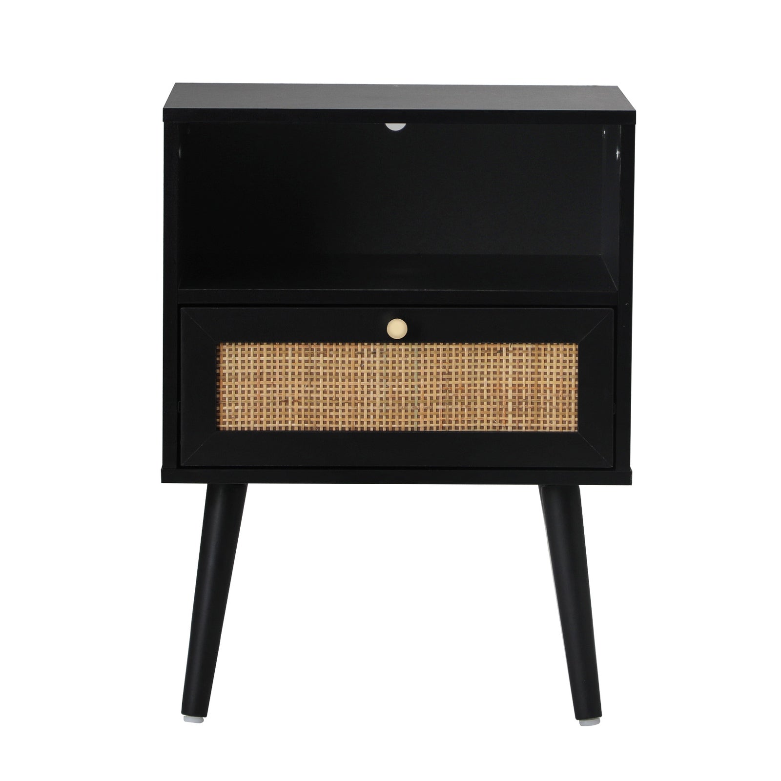 Oikiture Bedside Table Side Table Storage Drawer Shelf Nightstand Rattan Black - Sunyee