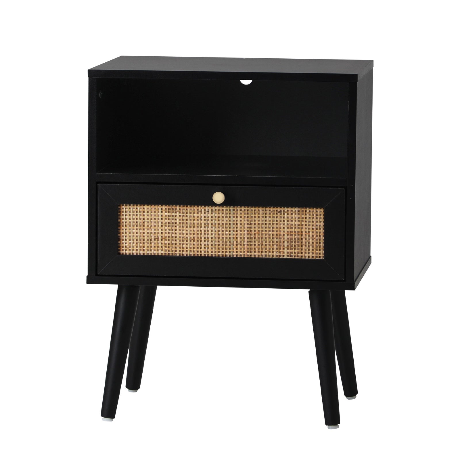 Oikiture Bedside Table Side Table Storage Drawer Shelf Nightstand Rattan Black - Sunyee