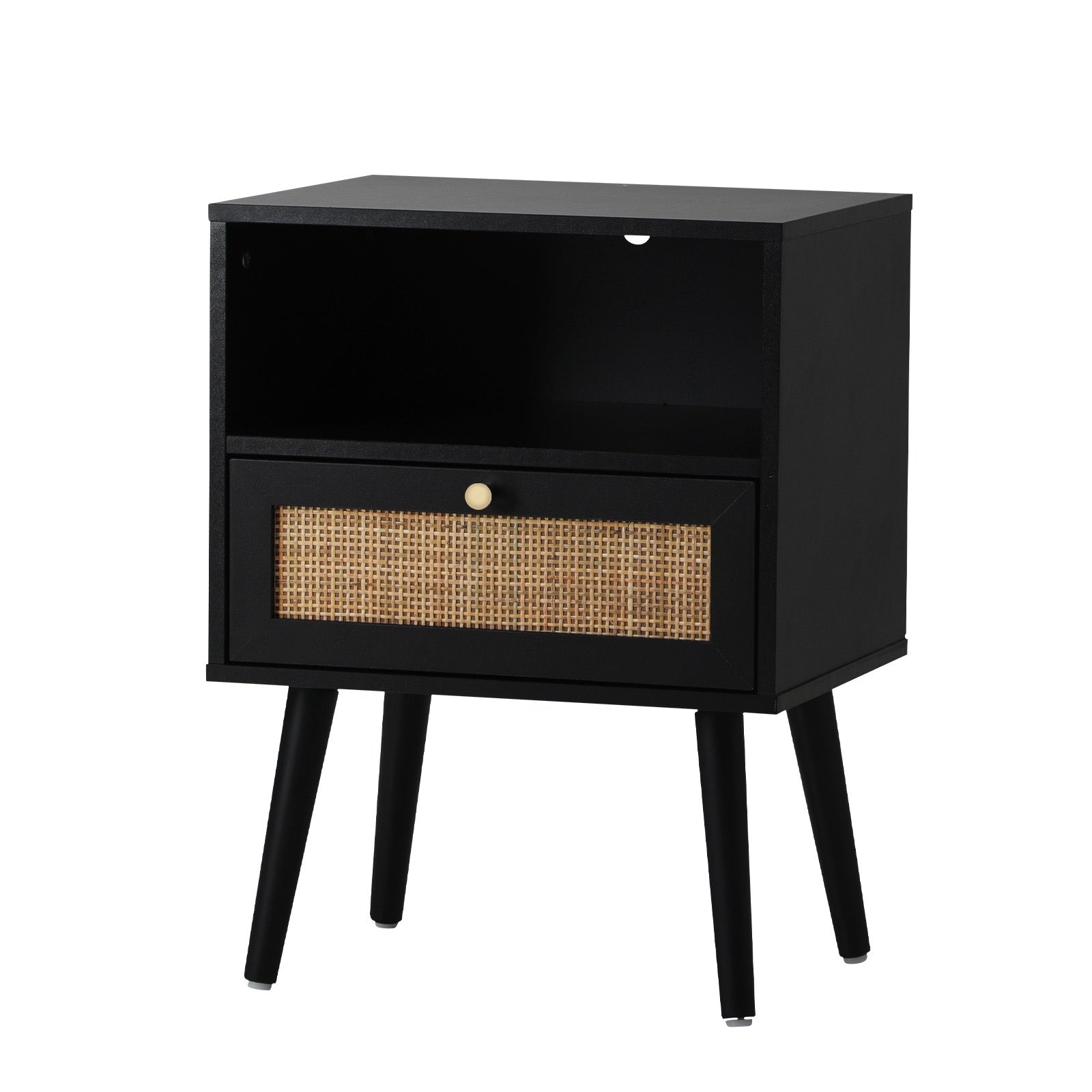 Oikiture Bedside Table Side Table Storage Drawer Shelf Nightstand Rattan Black - Sunyee