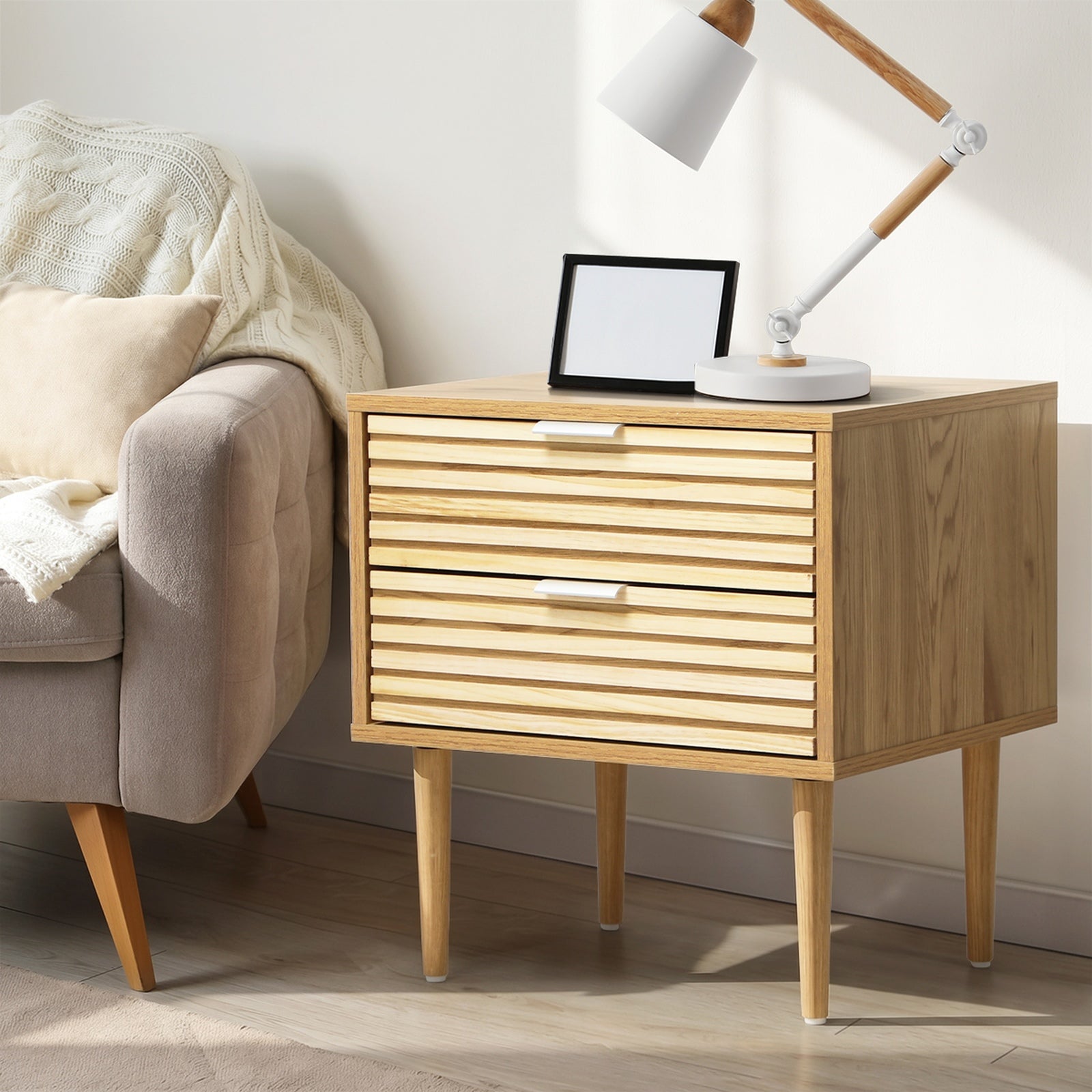 Oikiture Bedside Table 2 Drawers Side Table Cabinet Metal Handle Natural