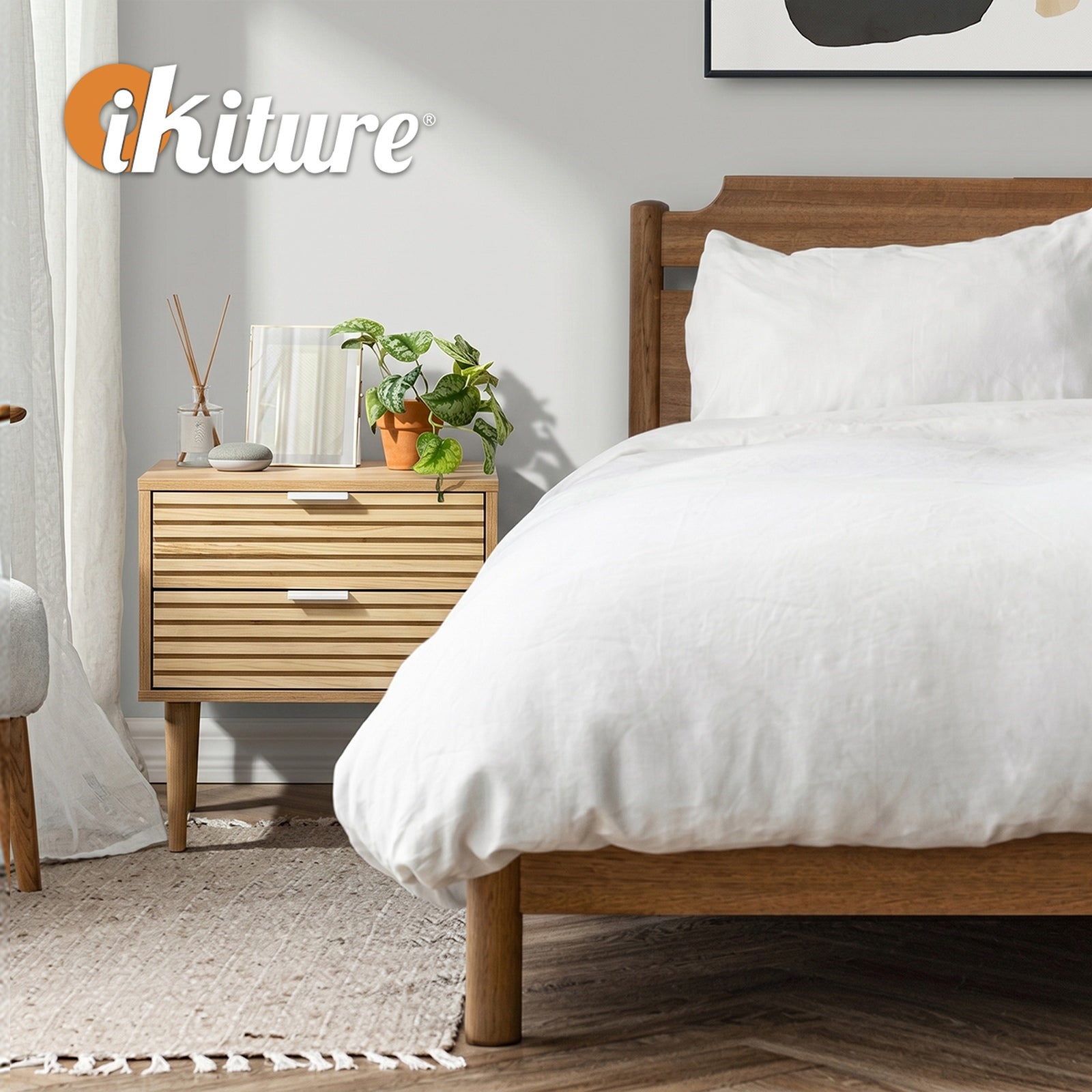 Oikiture Bedside Table 2 Drawers Side Table Cabinet Metal Handle Natural