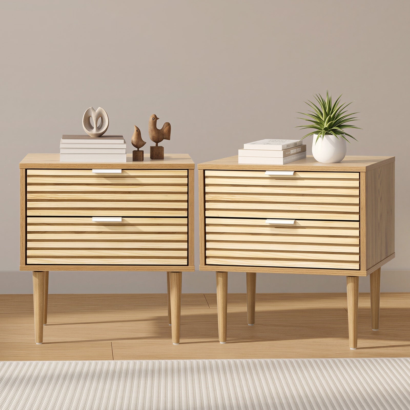Oikiture 2pc Bedside Table 2 Drawers Side Table Cabinet Metal Handle Natural